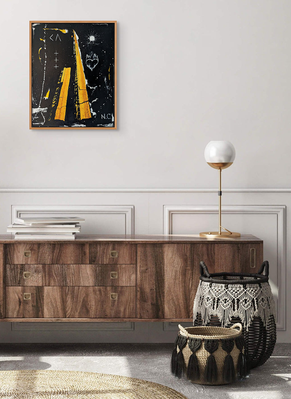 A painting of a black and yellow road with a heart on it.