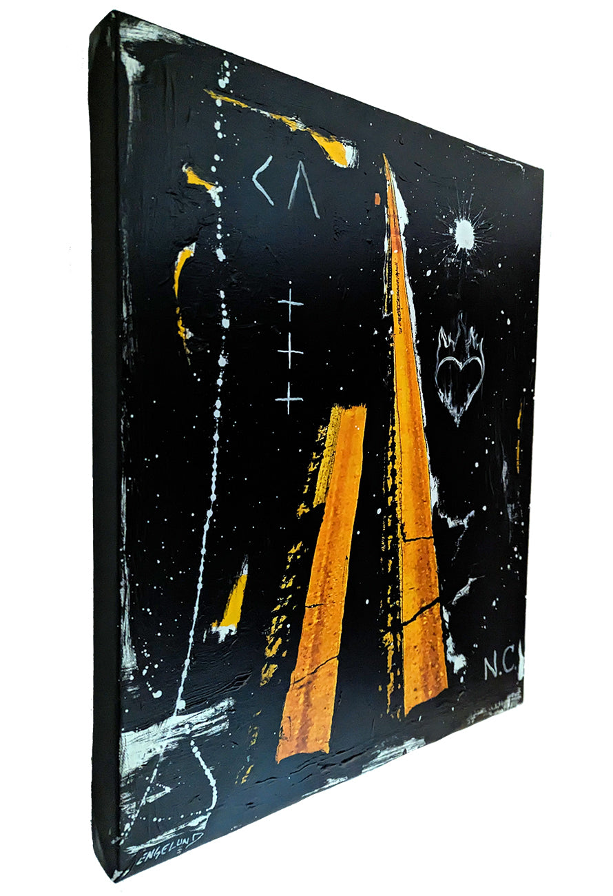A painting of a black and yellow road with a heart on it.