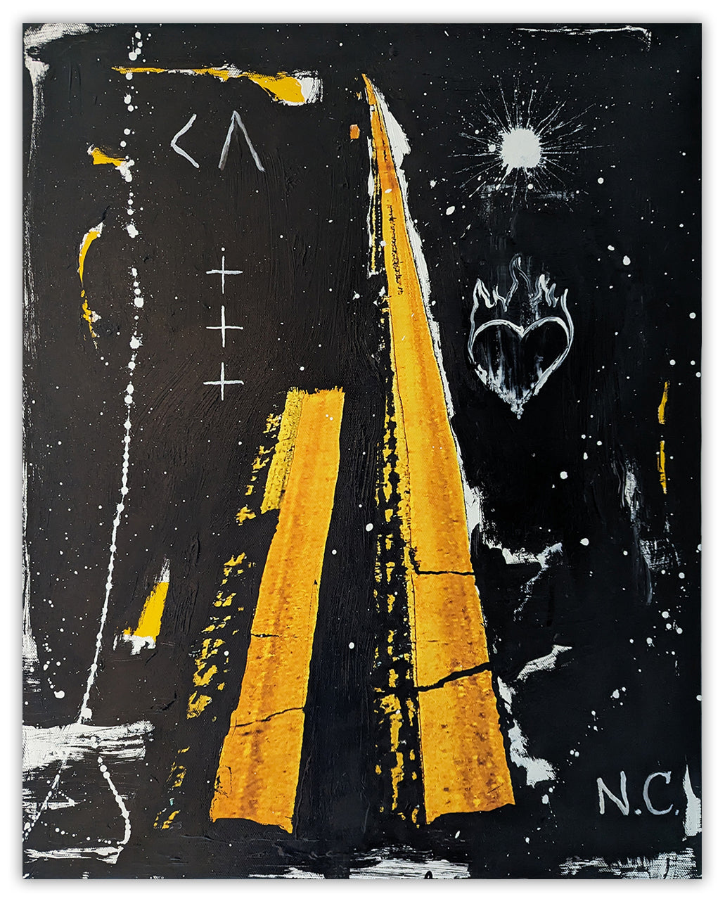 A painting of a black and yellow road with a heart on it.