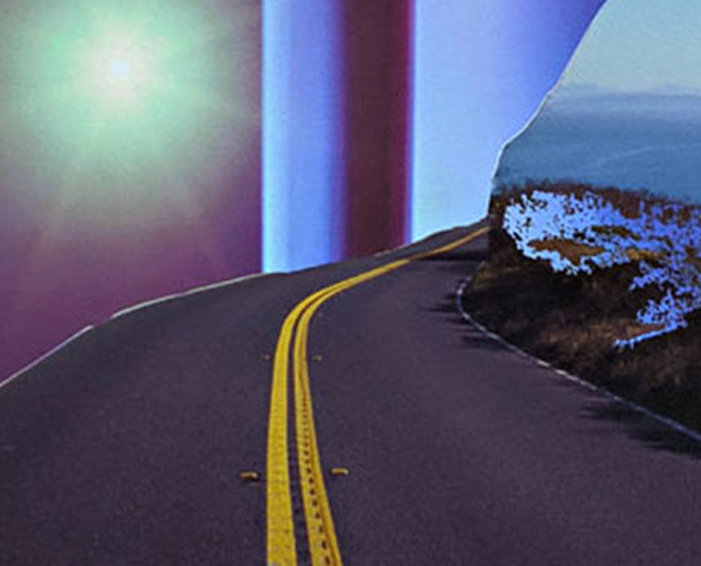 A poster with a picture of a road going through a tunnel.