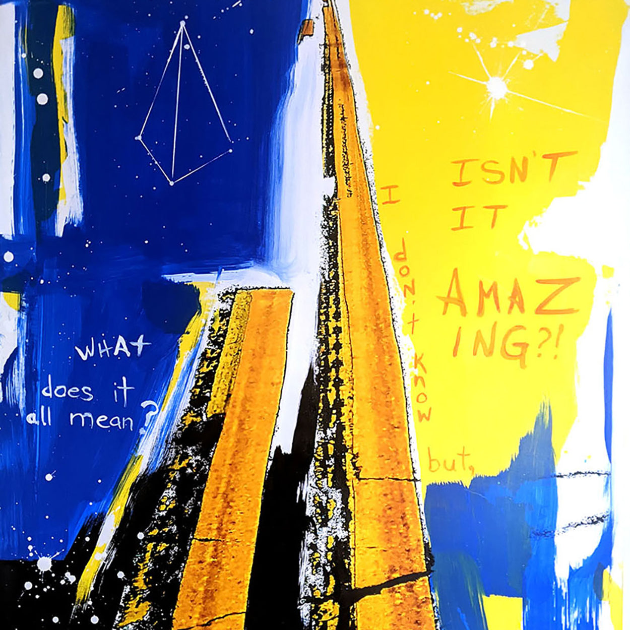 A painting of a road with a quote on it.