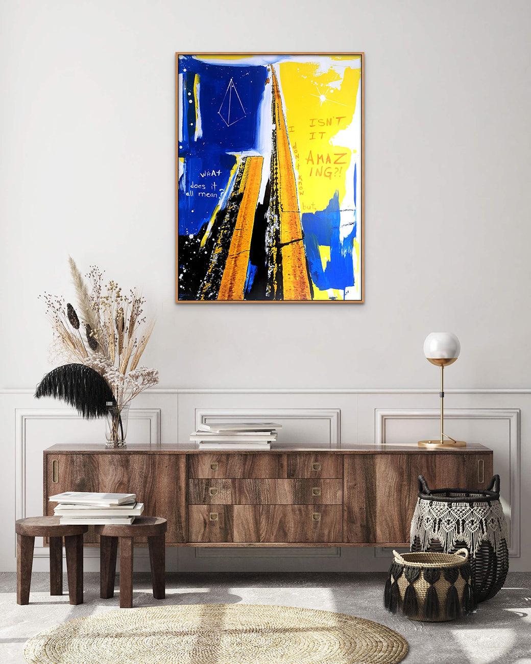 A painting of a road with a quote on it.