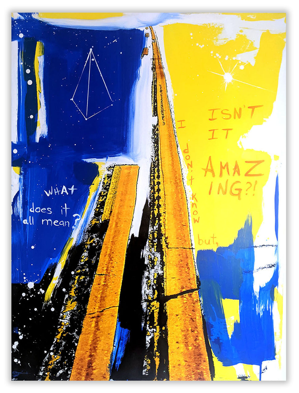 A painting of a road with a quote on it.