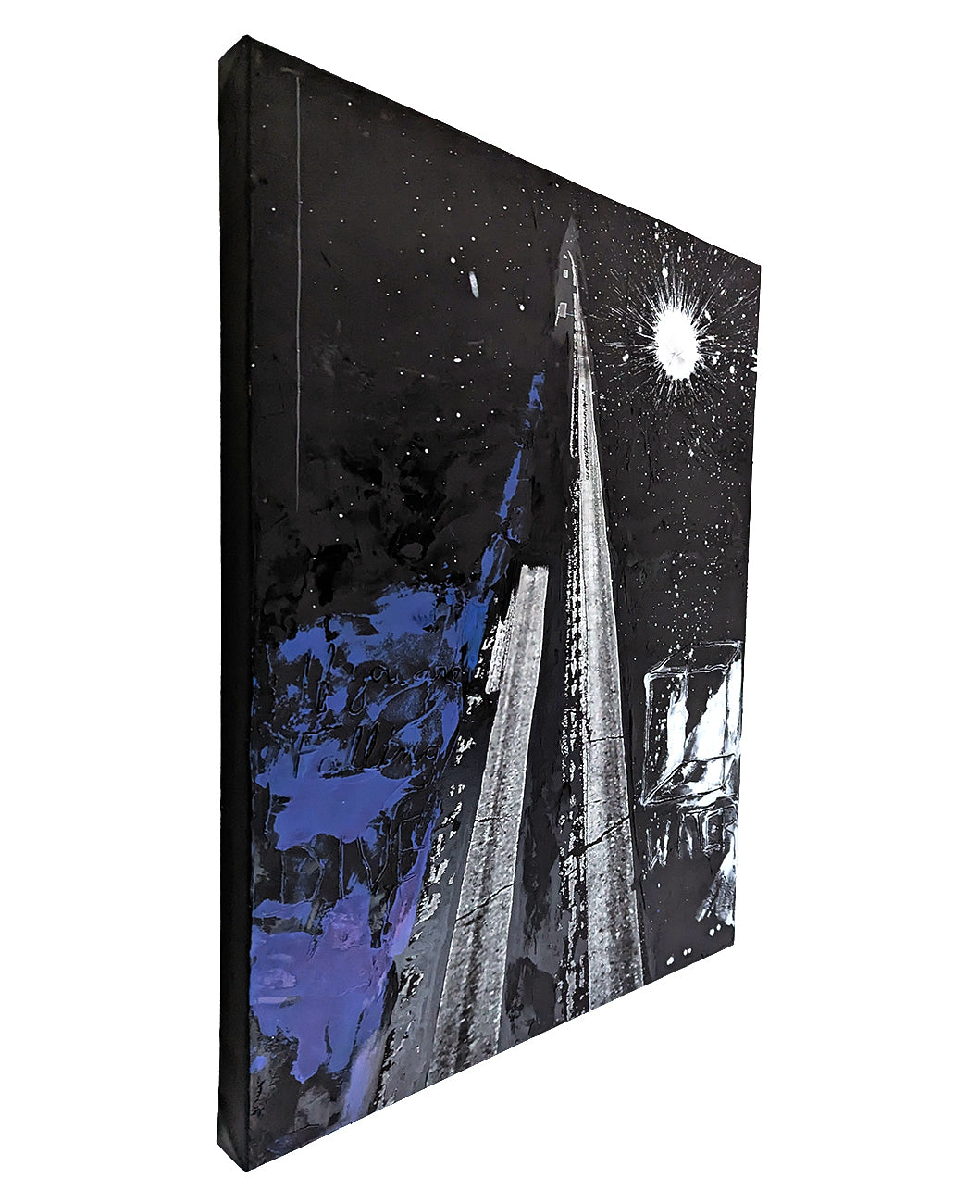 A black and white painting of a tall building with a star in the sky.
