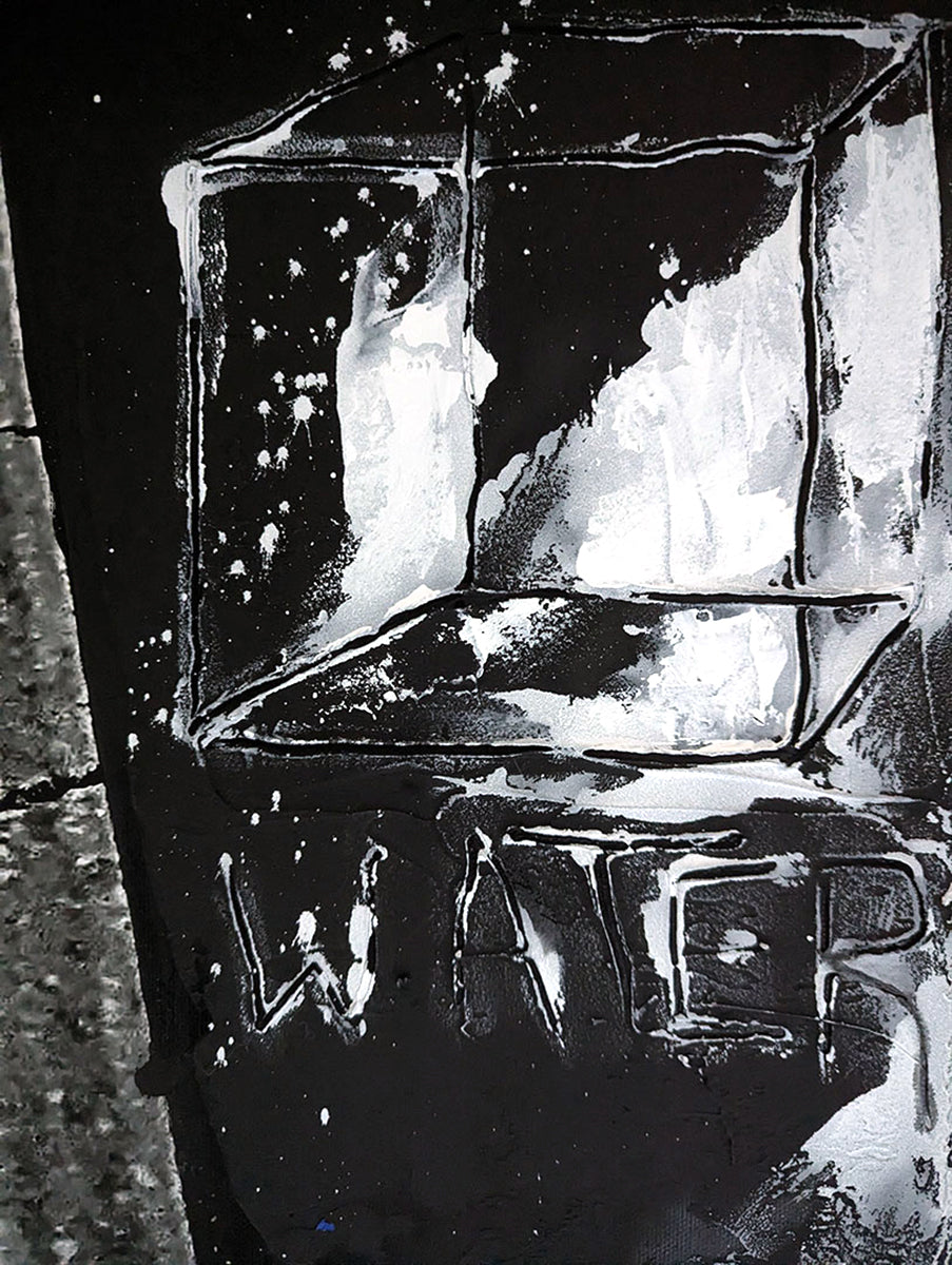 A black and white painting of a tall building with a star in the sky.