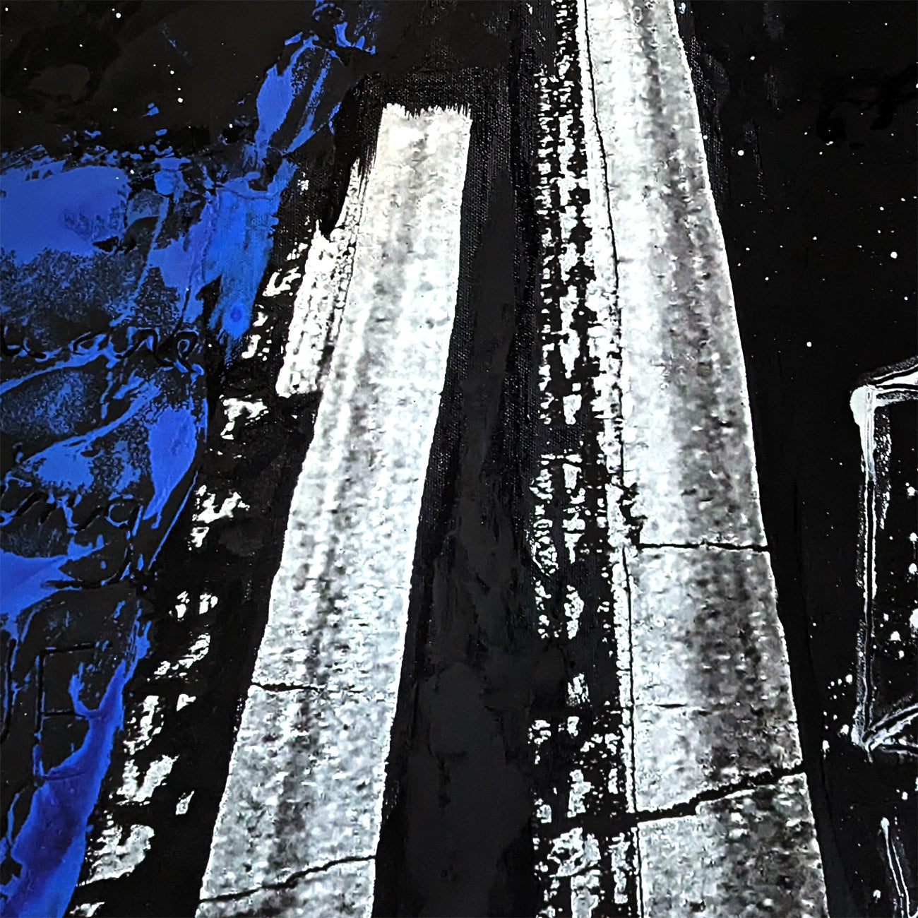 A black and white painting of a tall building with a star in the sky.