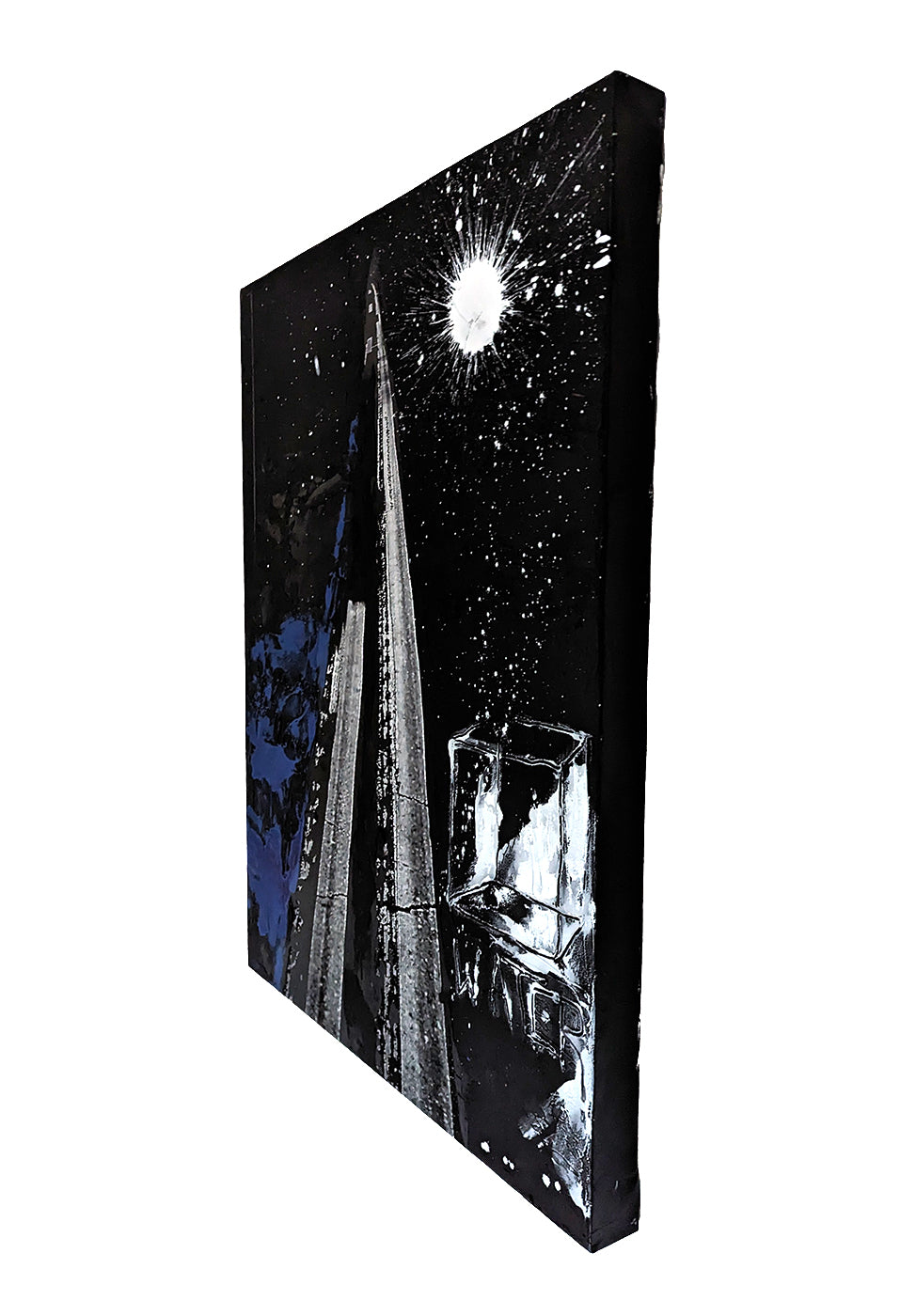 A black and white painting of a tall building with a star in the sky.