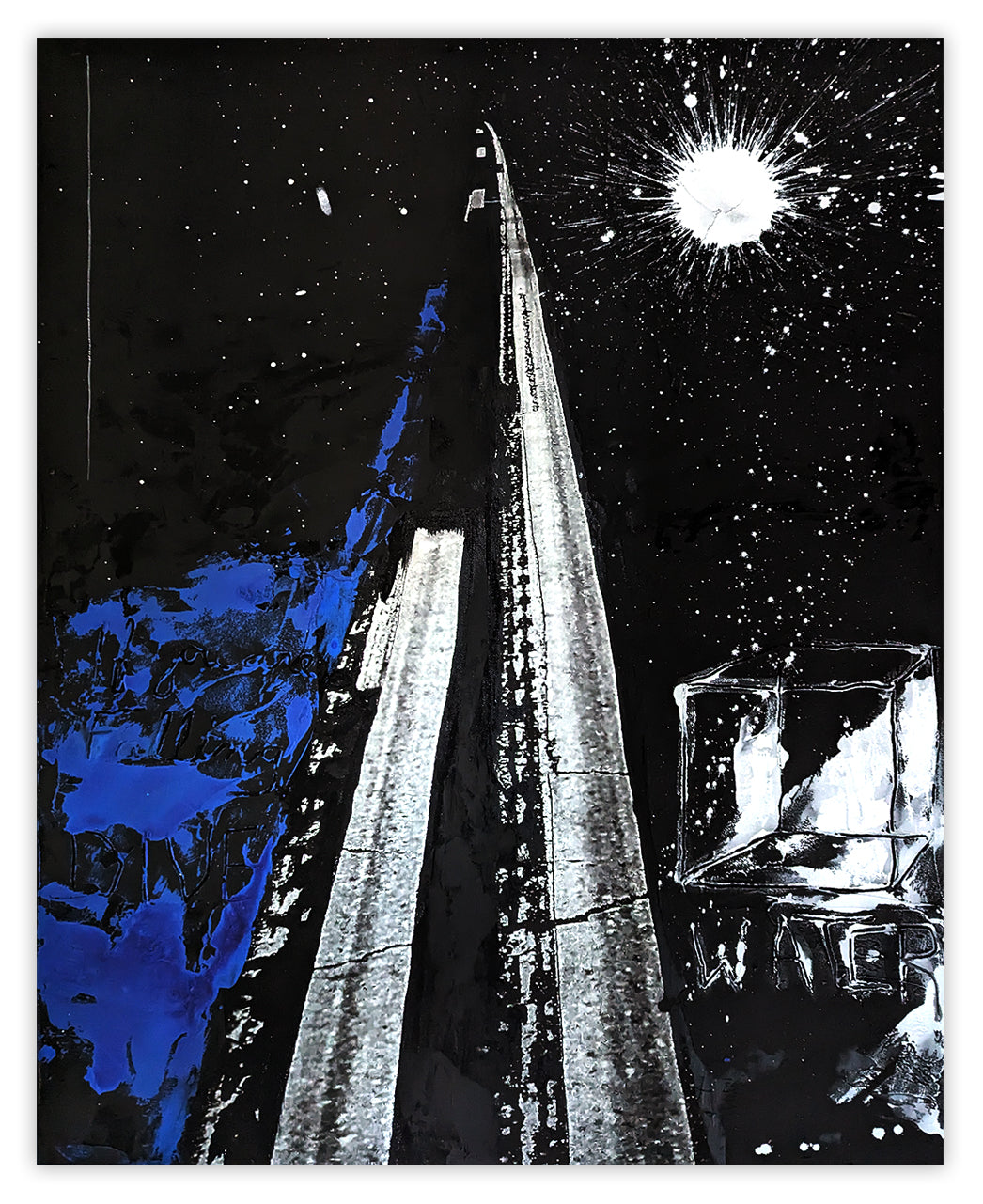 A black and white painting of a tall building with a star in the sky.