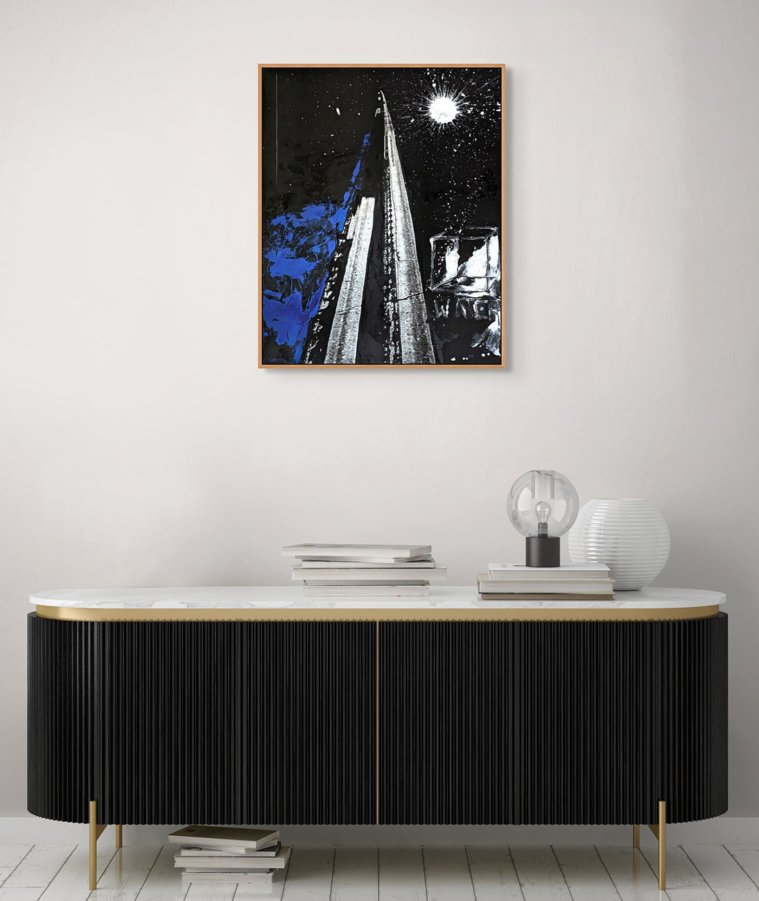 A black and white painting of a tall building with a star in the sky.
