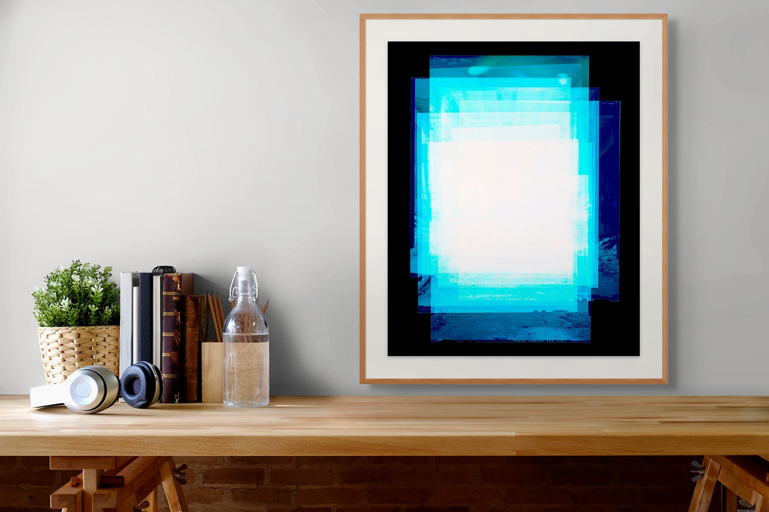 A picture frame with a blue and white background.