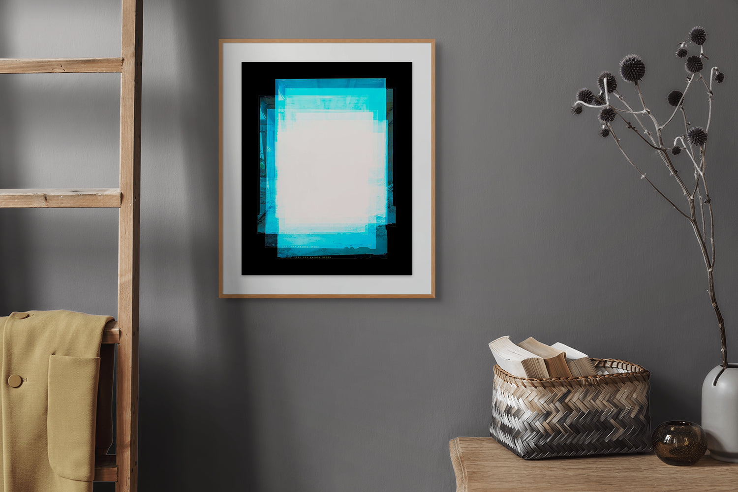 A picture frame with a blue and white background.