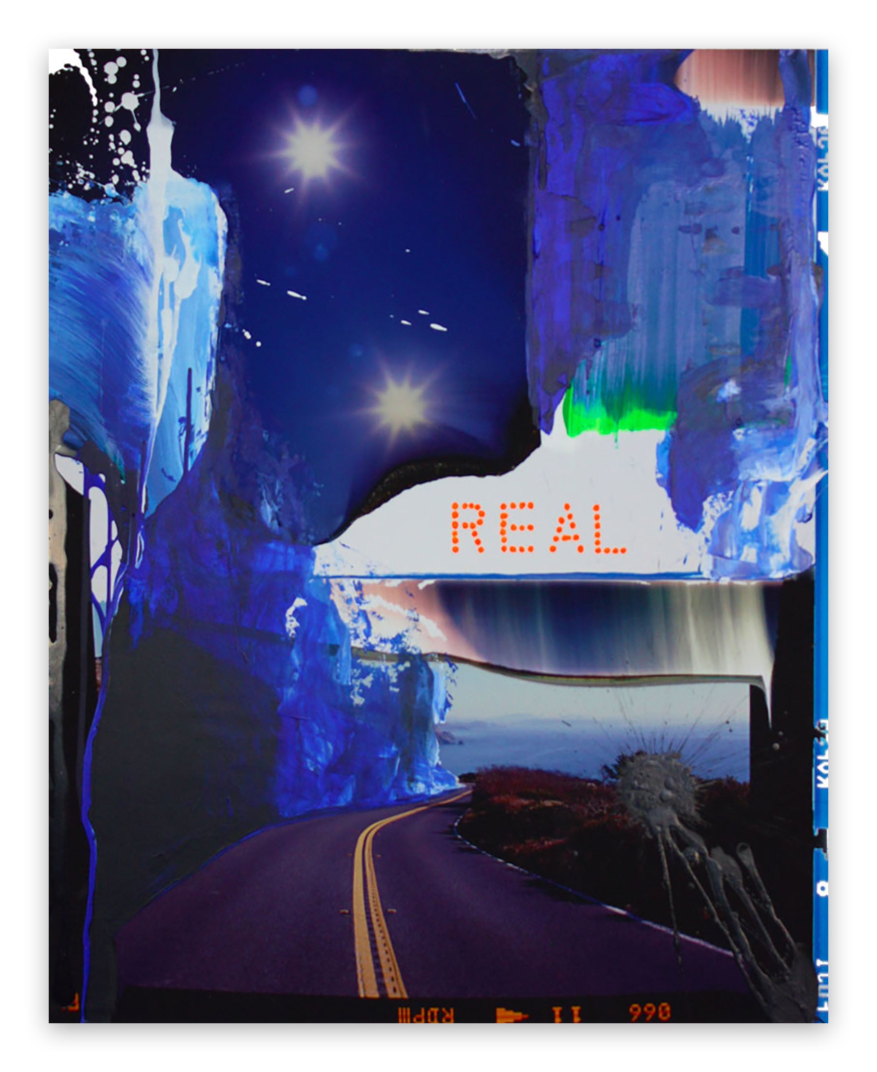 A painting of a road with the word REAL written on it.