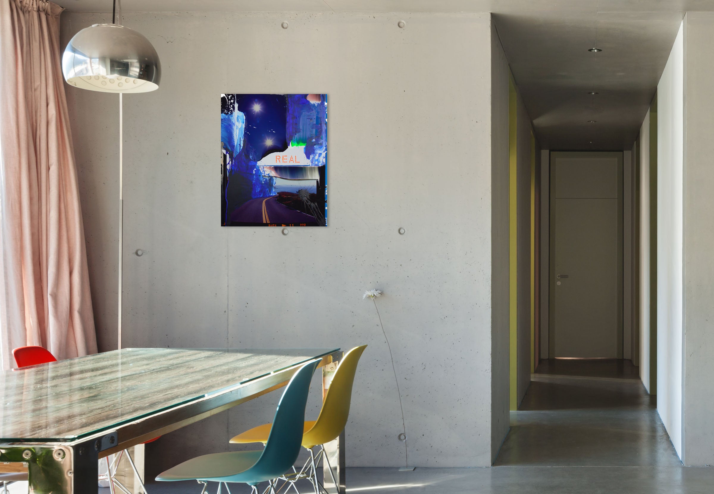 A painting of a road with the word REAL written on it.