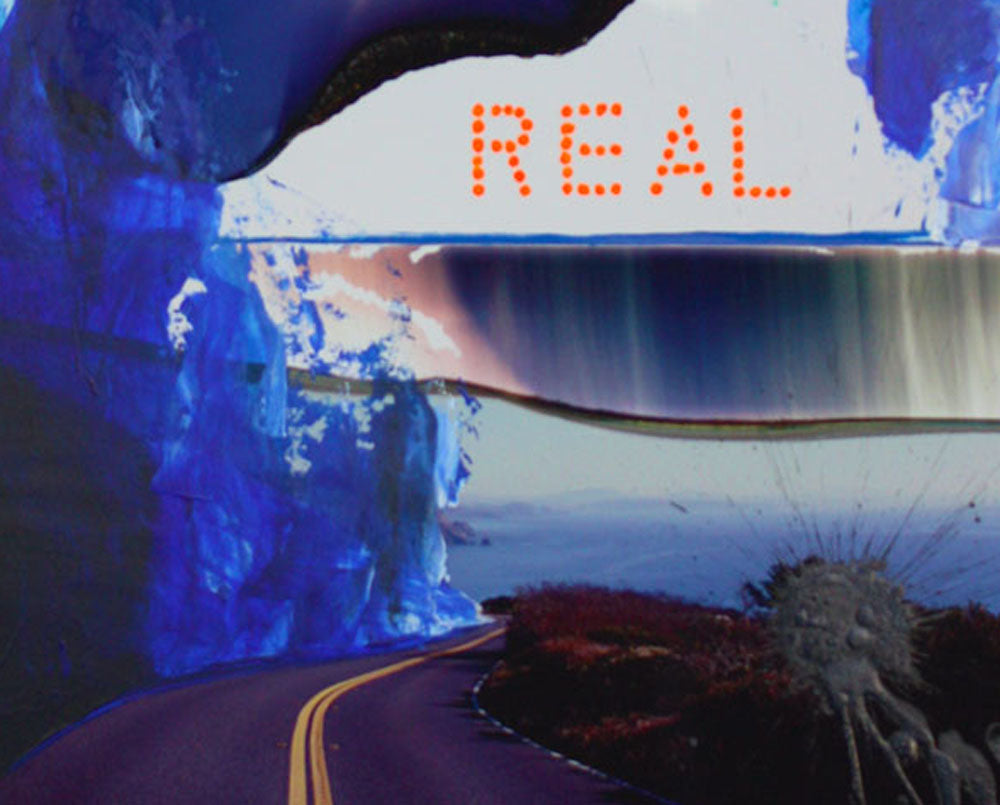 A painting of a road with the word REAL written on it.