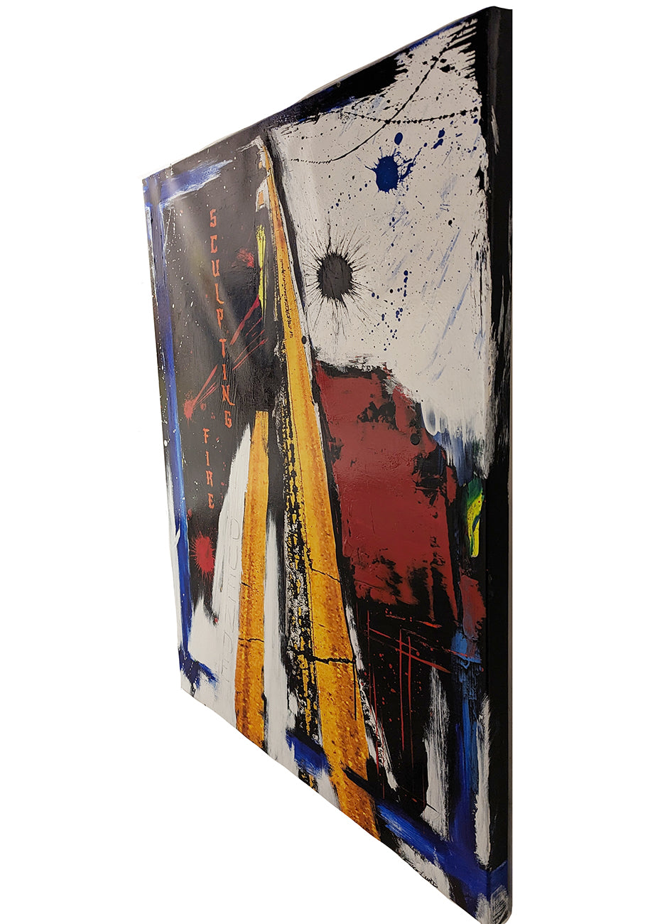 A painting of a yellow and black abstract painting on a white background.