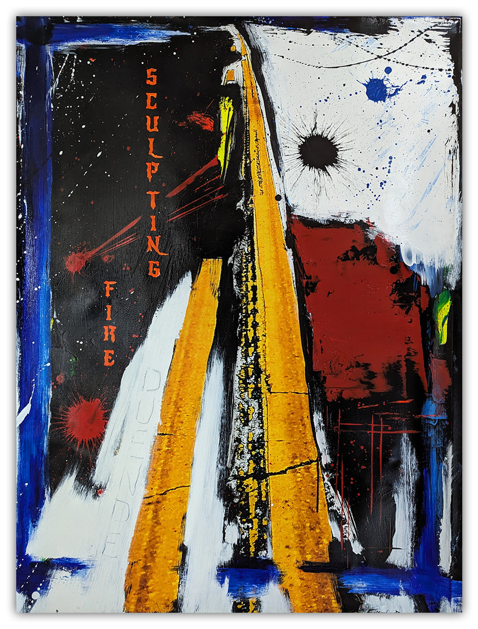 A painting of a yellow and black abstract painting on a white background.