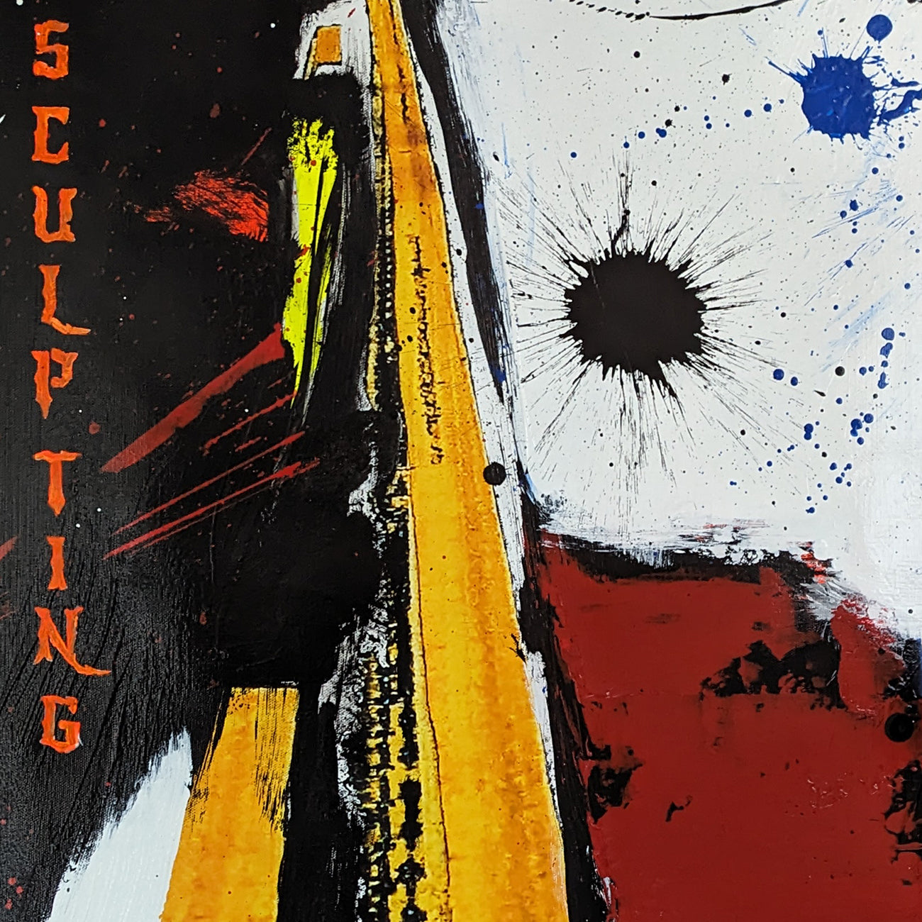 A painting of a yellow and black abstract painting on a white background.