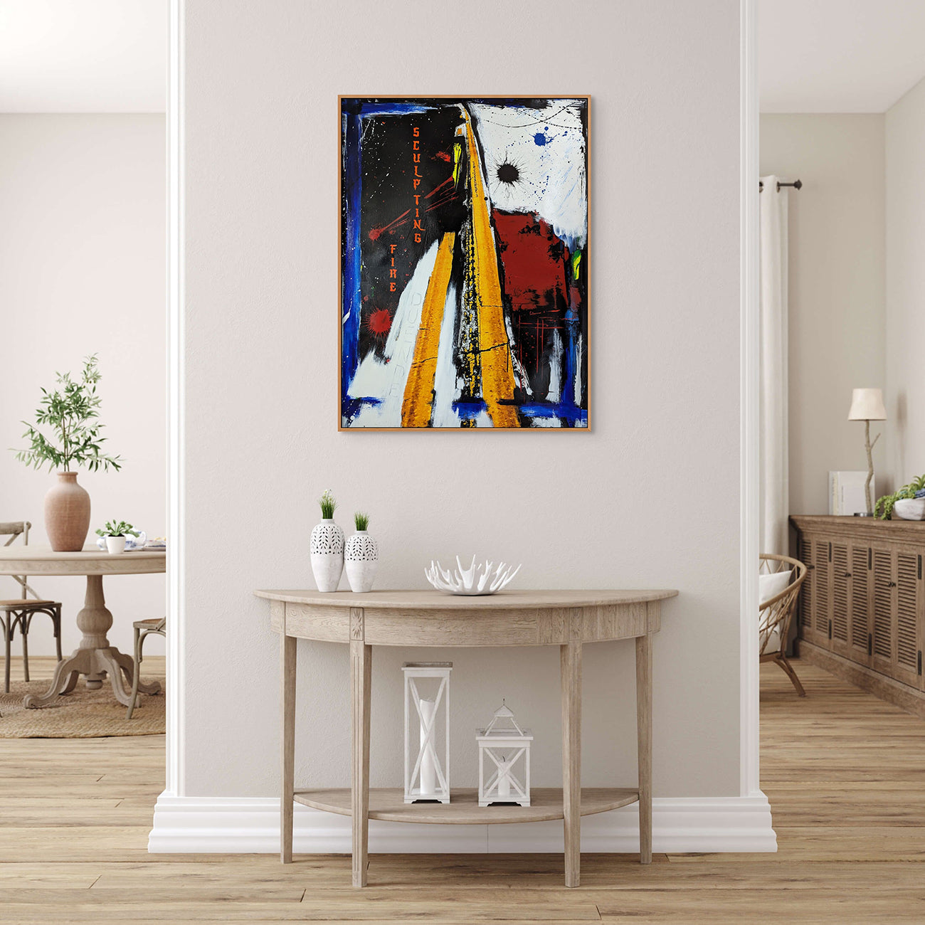 A painting of a yellow and black abstract painting on a white background.