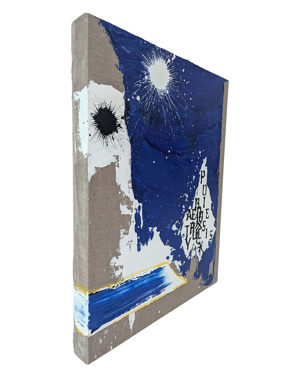 A blue and white painting with a sun in the background.