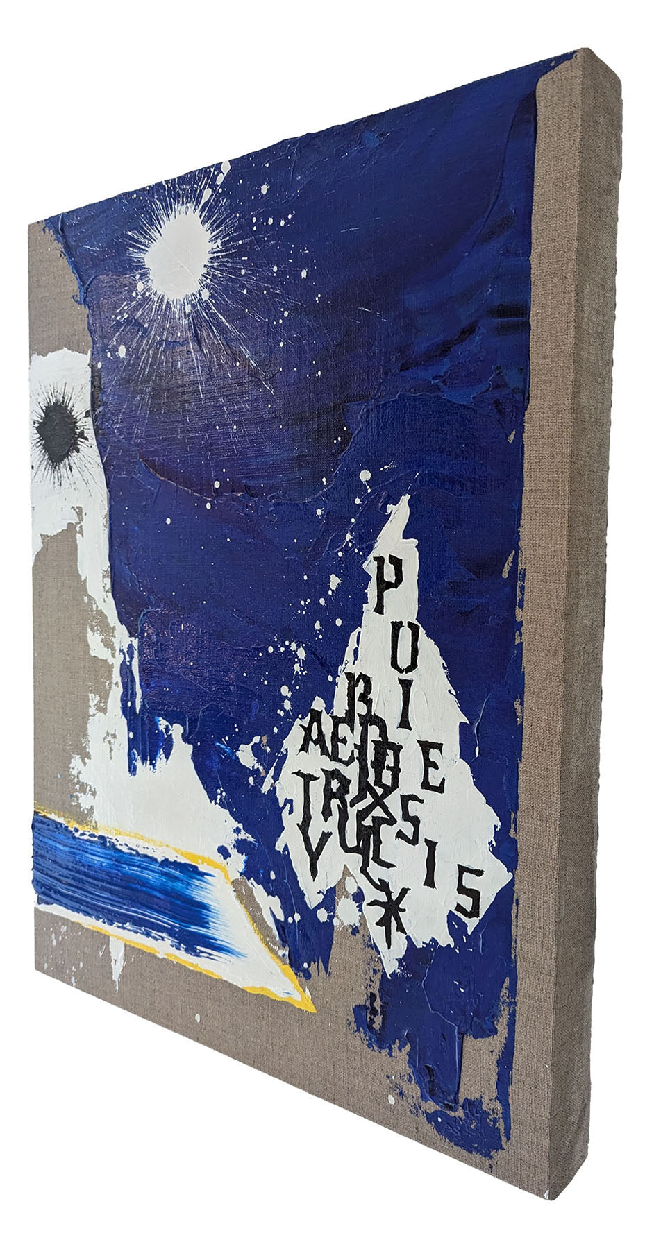 A blue and white painting with a sun in the background.