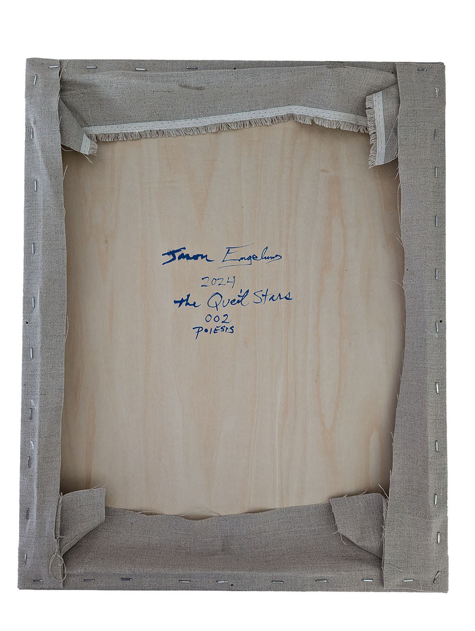 A blue and white painting with a sun in the background.