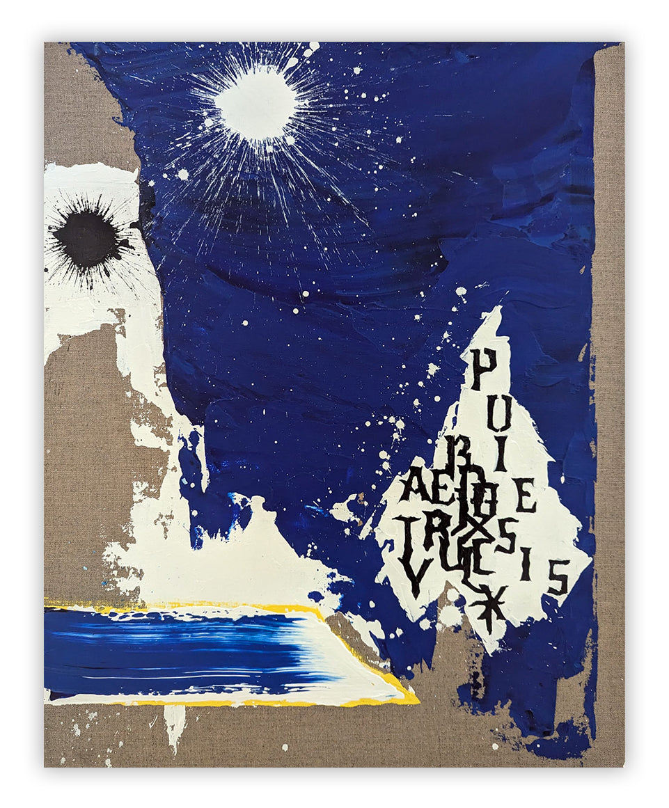 A blue and white painting with a sun in the background.