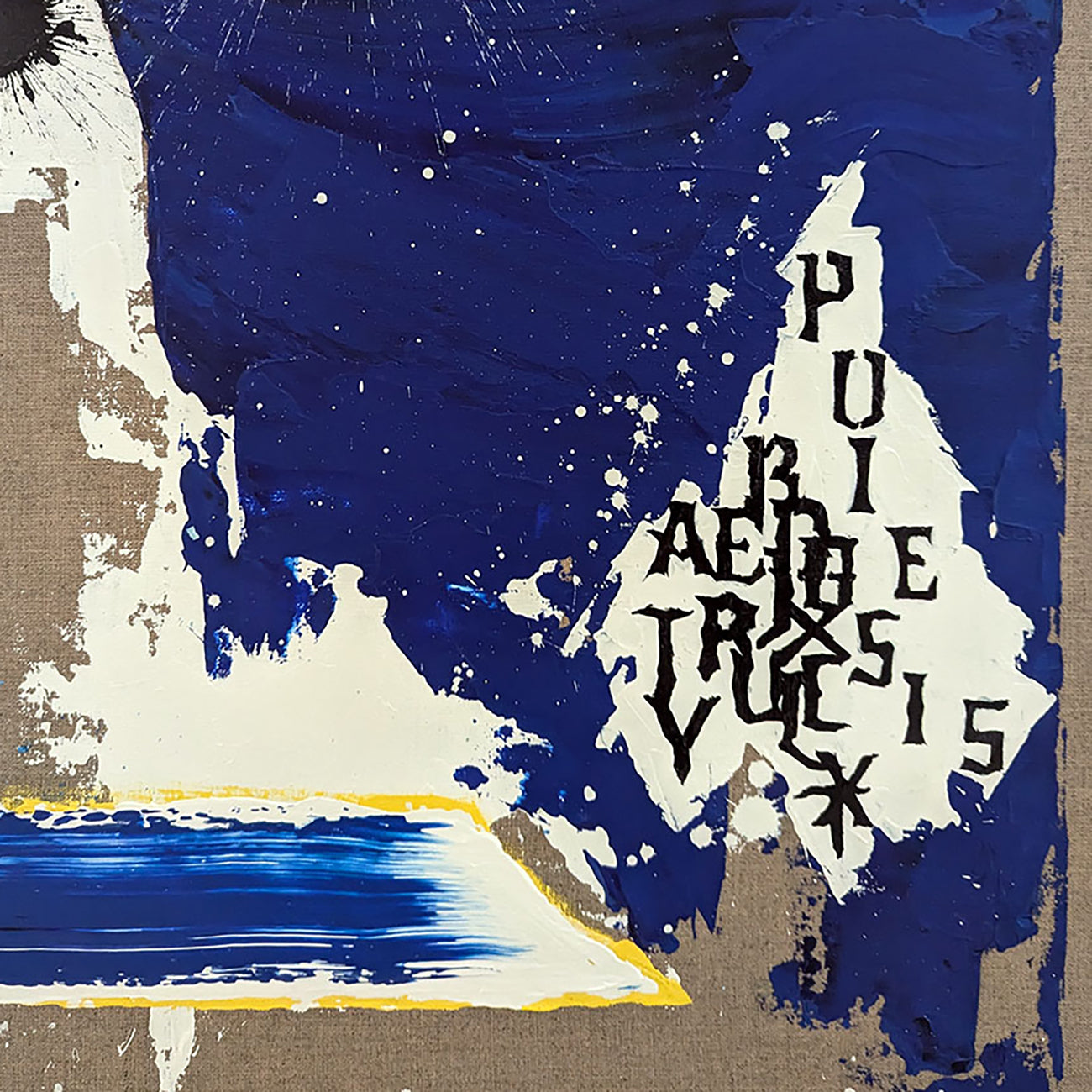 A blue and white painting with a sun in the background.