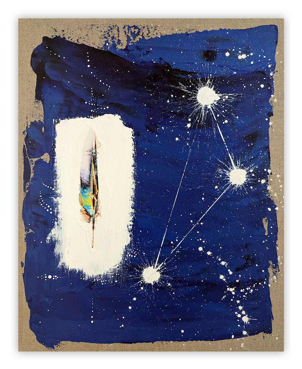 A painting of a feather on a blue background.
