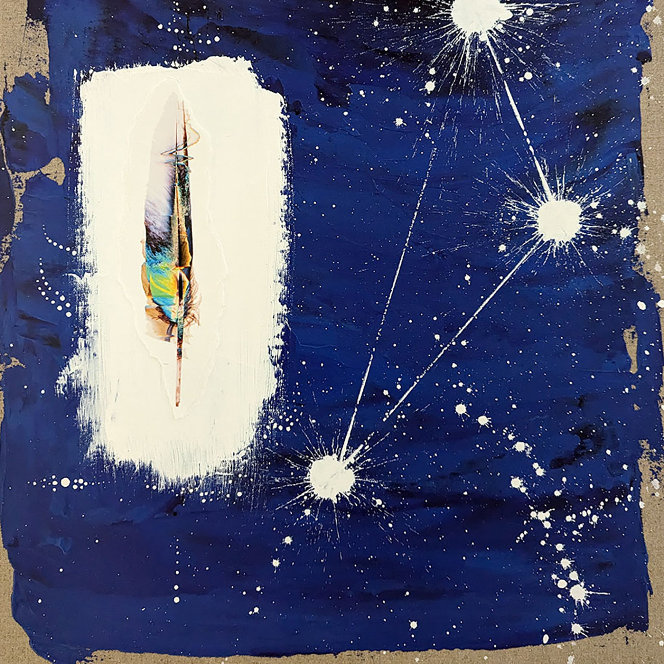 A painting of a feather on a blue background.