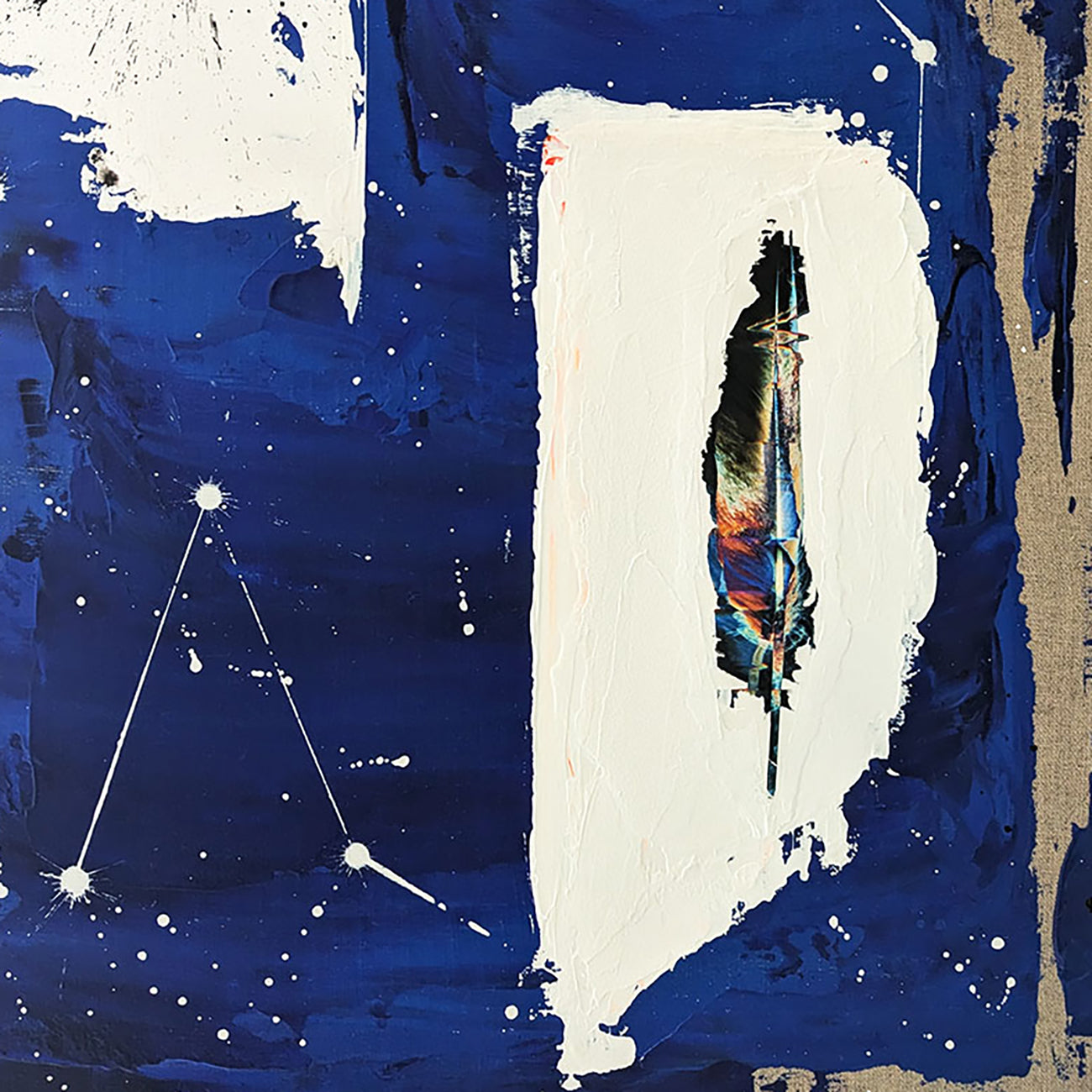 A painting of a blue and white abstract painting with a feather on it.