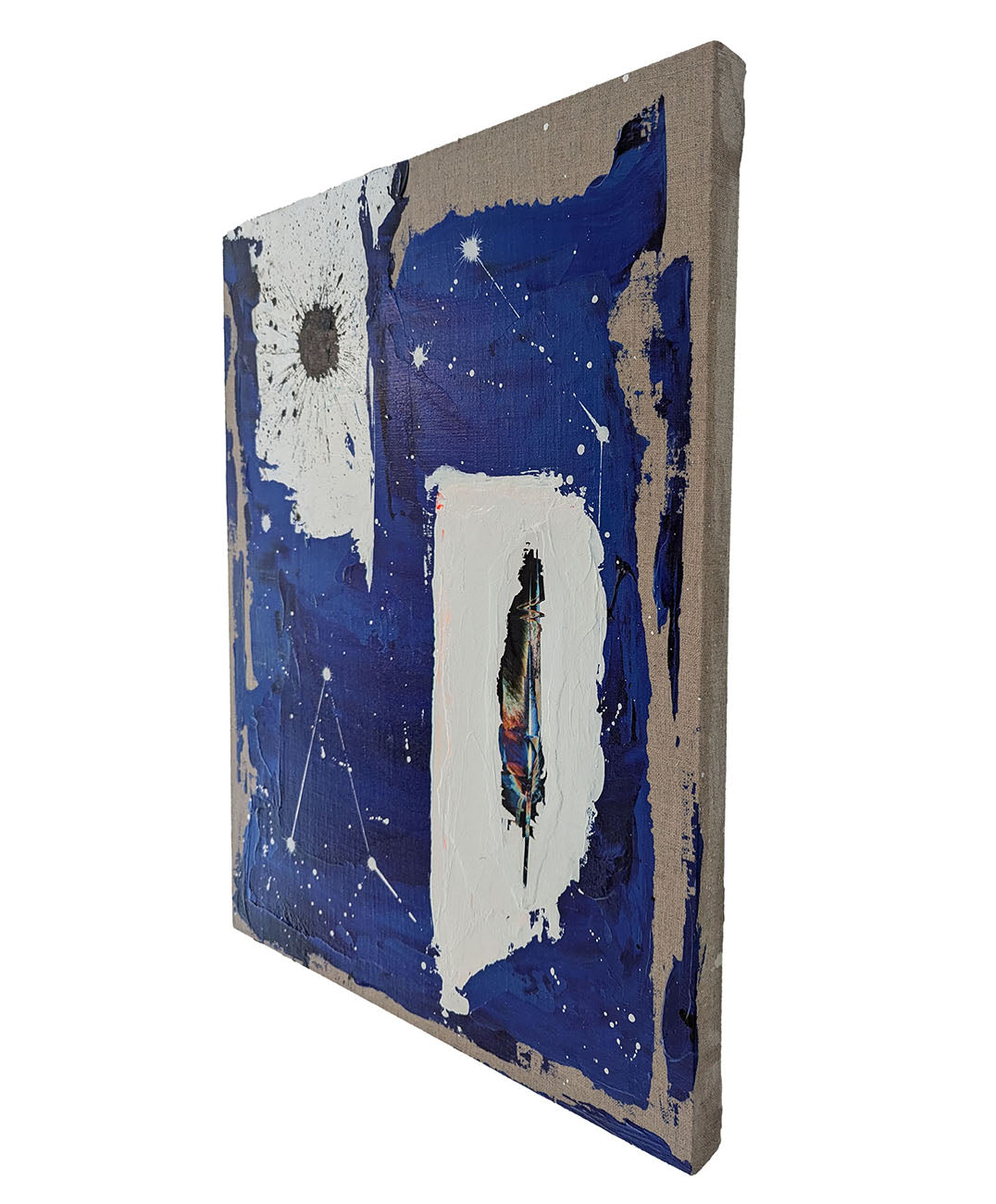 A painting of a blue and white abstract painting with a feather on it.