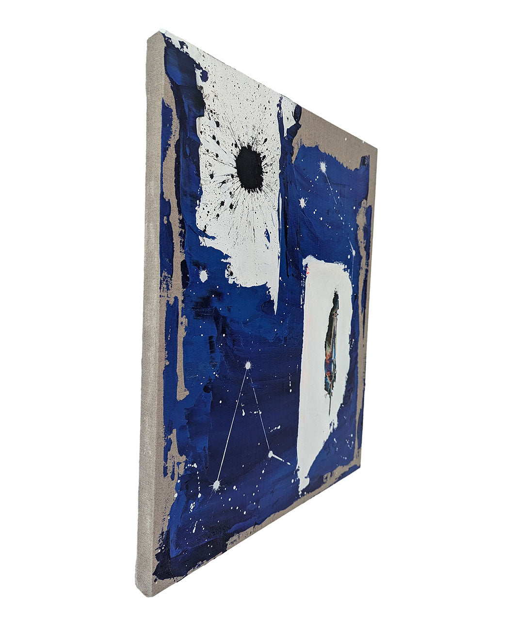 A painting of a blue and white abstract painting with a feather on it.
