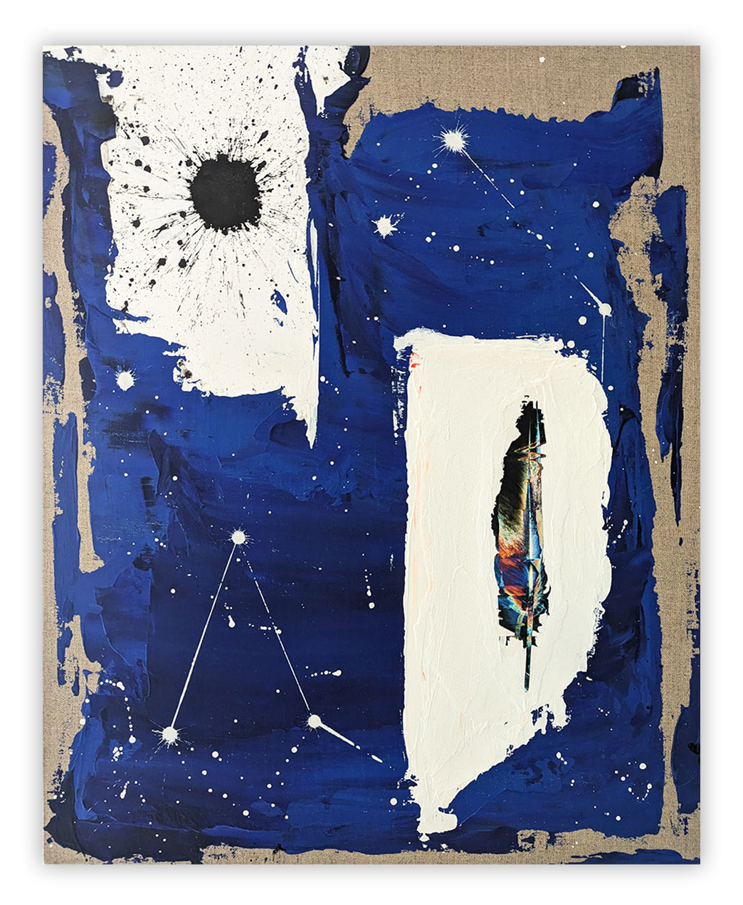 A painting of a blue and white abstract painting with a feather on it.