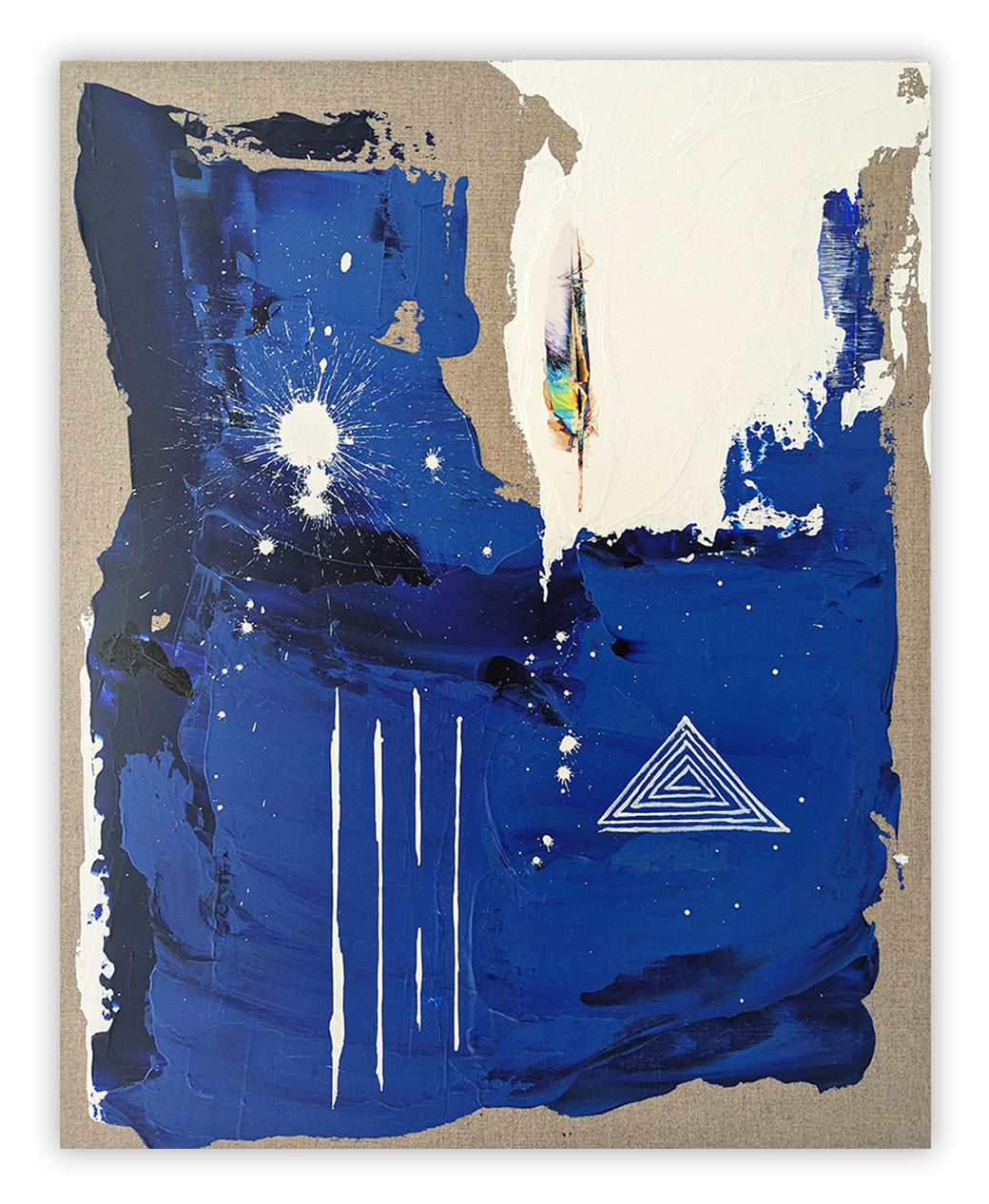 A painting of a blue and white abstract painting with a triangle on it.