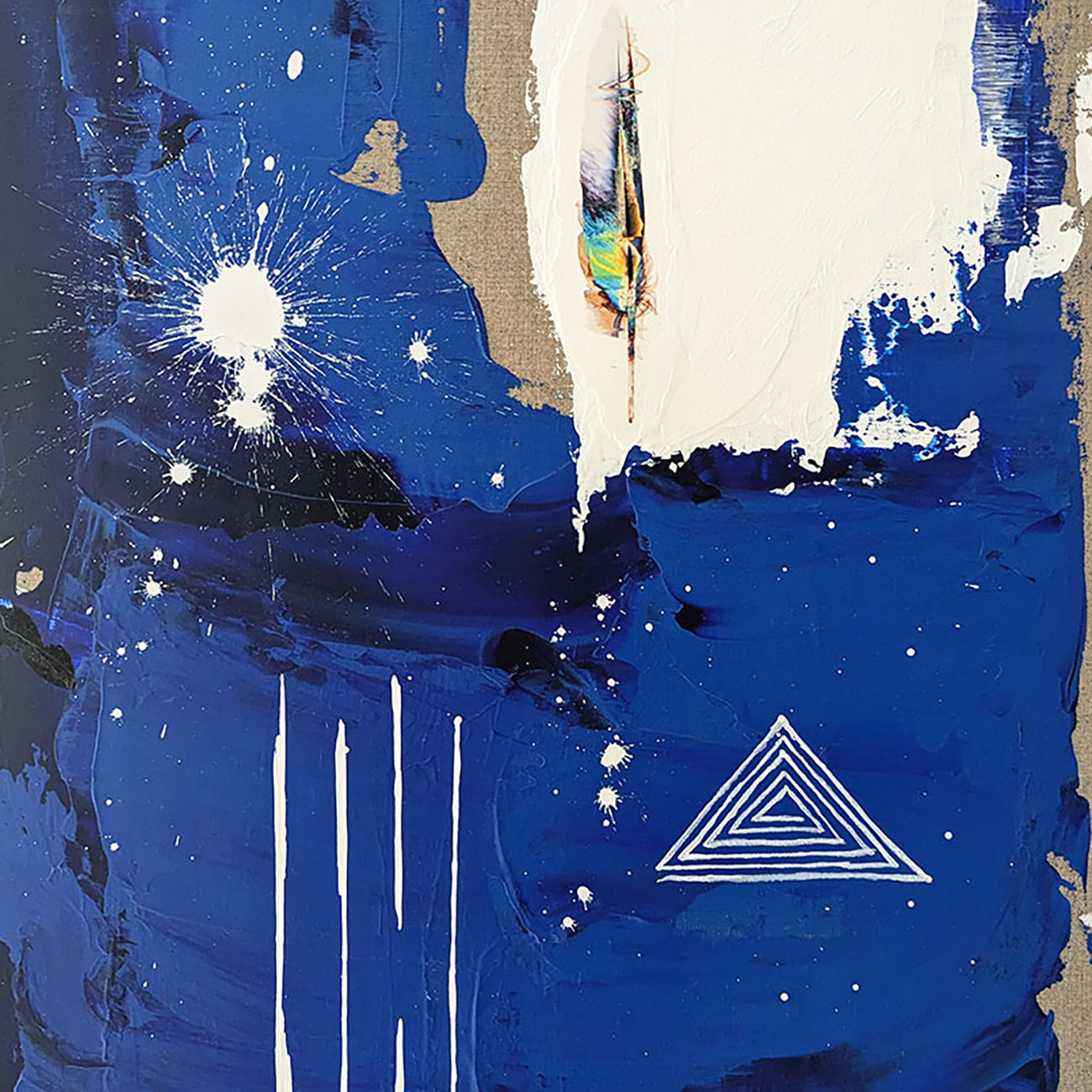 A painting of a blue and white abstract painting with a triangle on it.