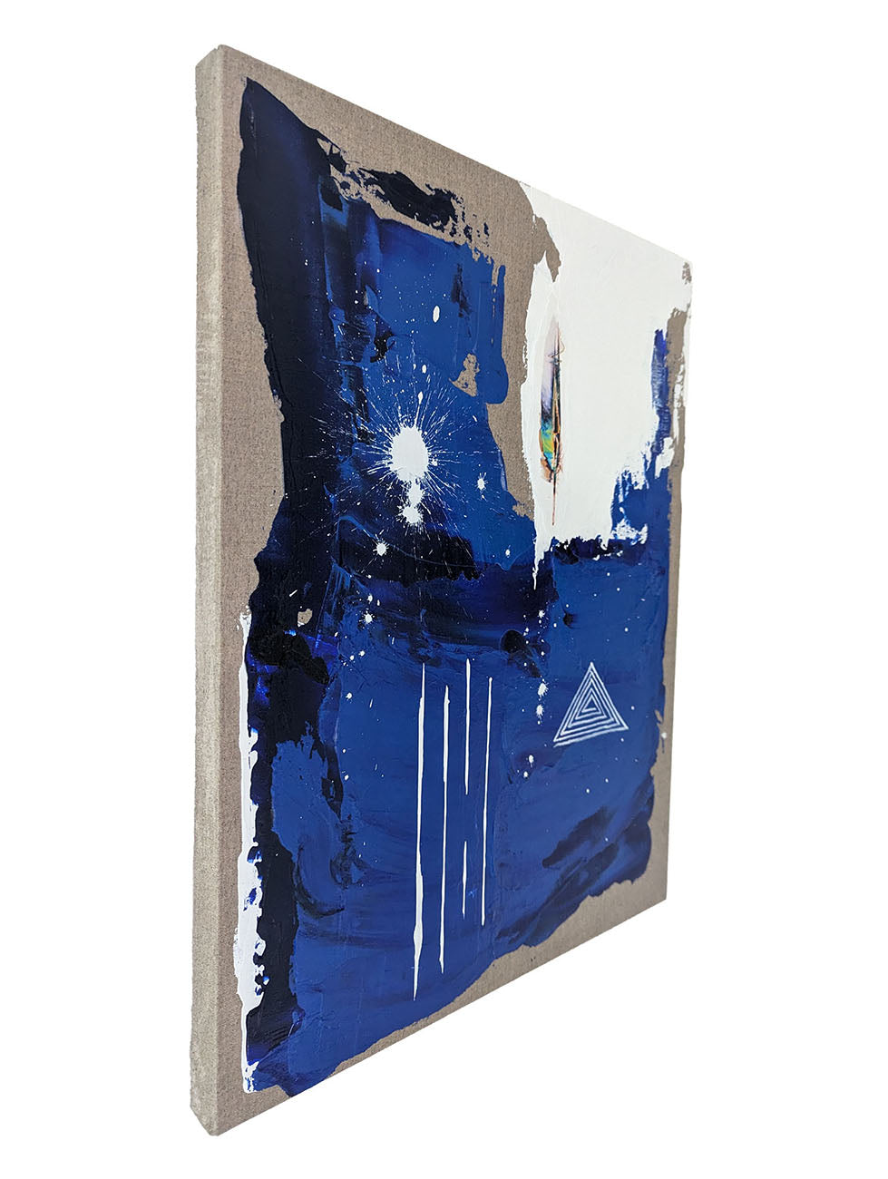 A painting of a blue and white abstract painting with a triangle on it.