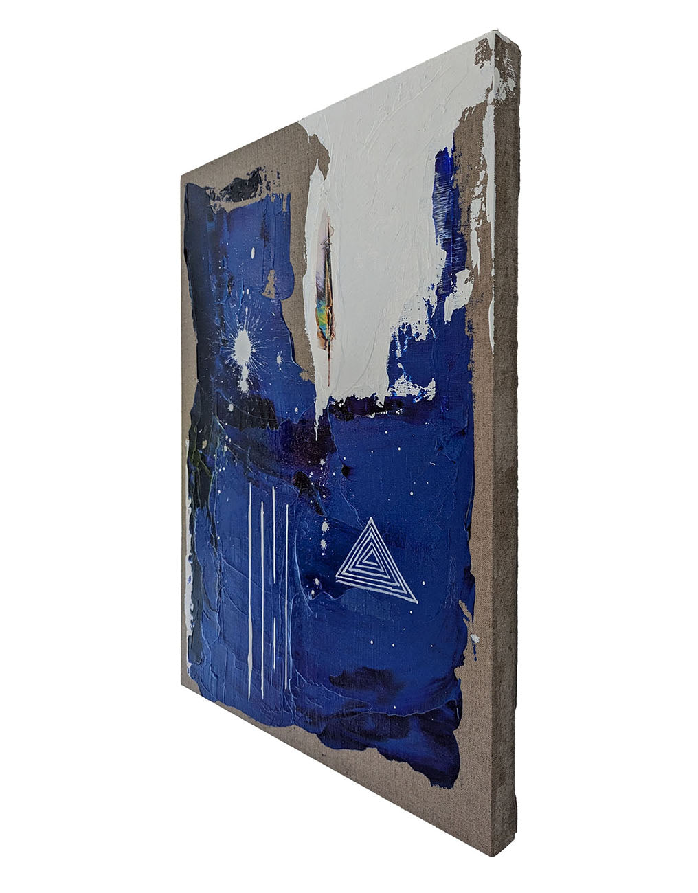 A painting of a blue and white abstract painting with a triangle on it.