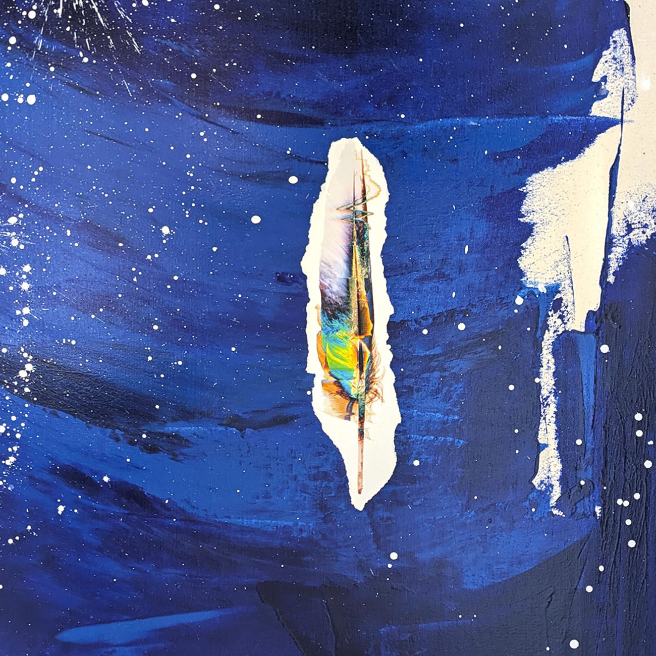 A painting of a feather on a blue background.