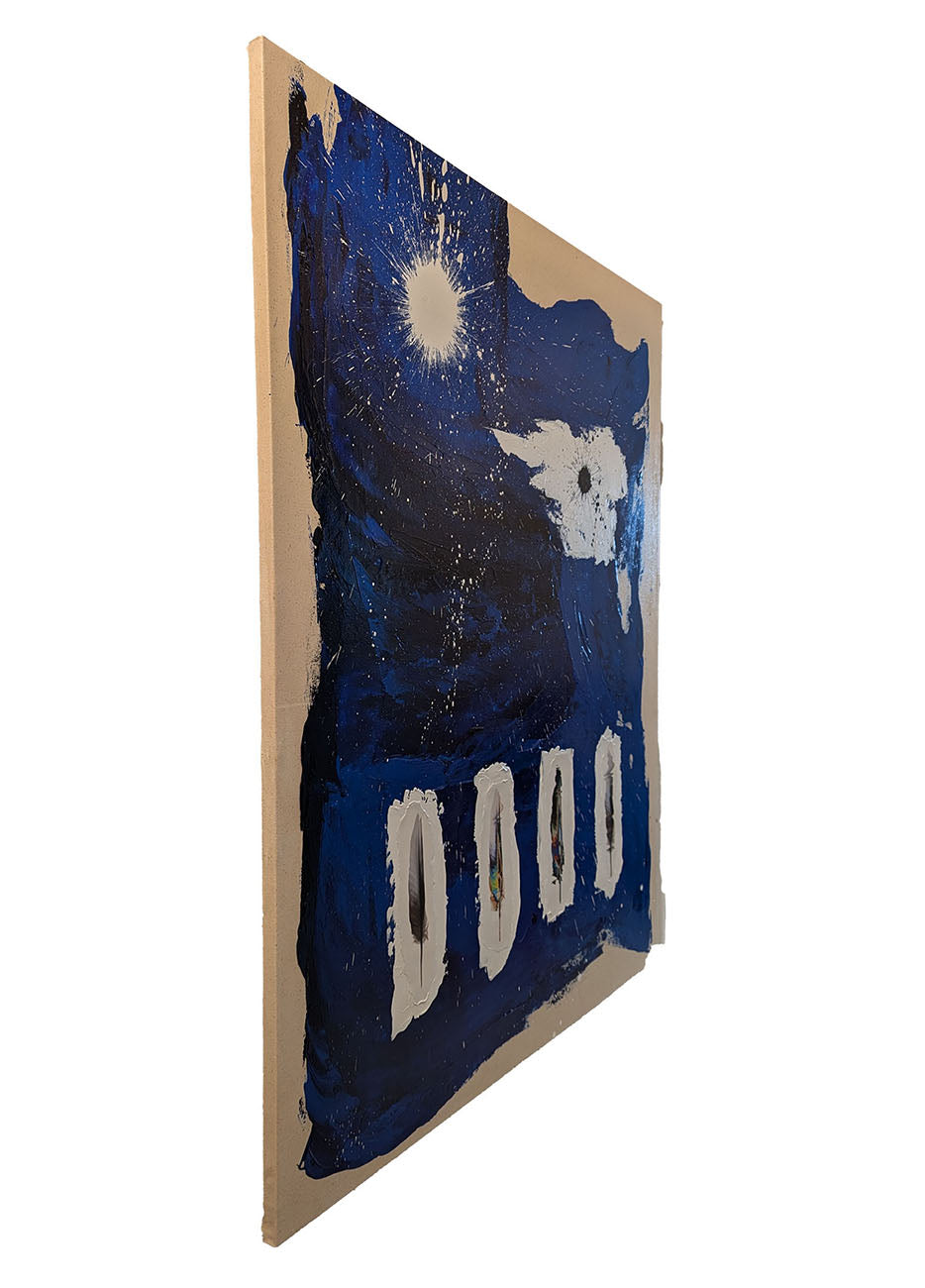 A blue and white painting on a beige background.