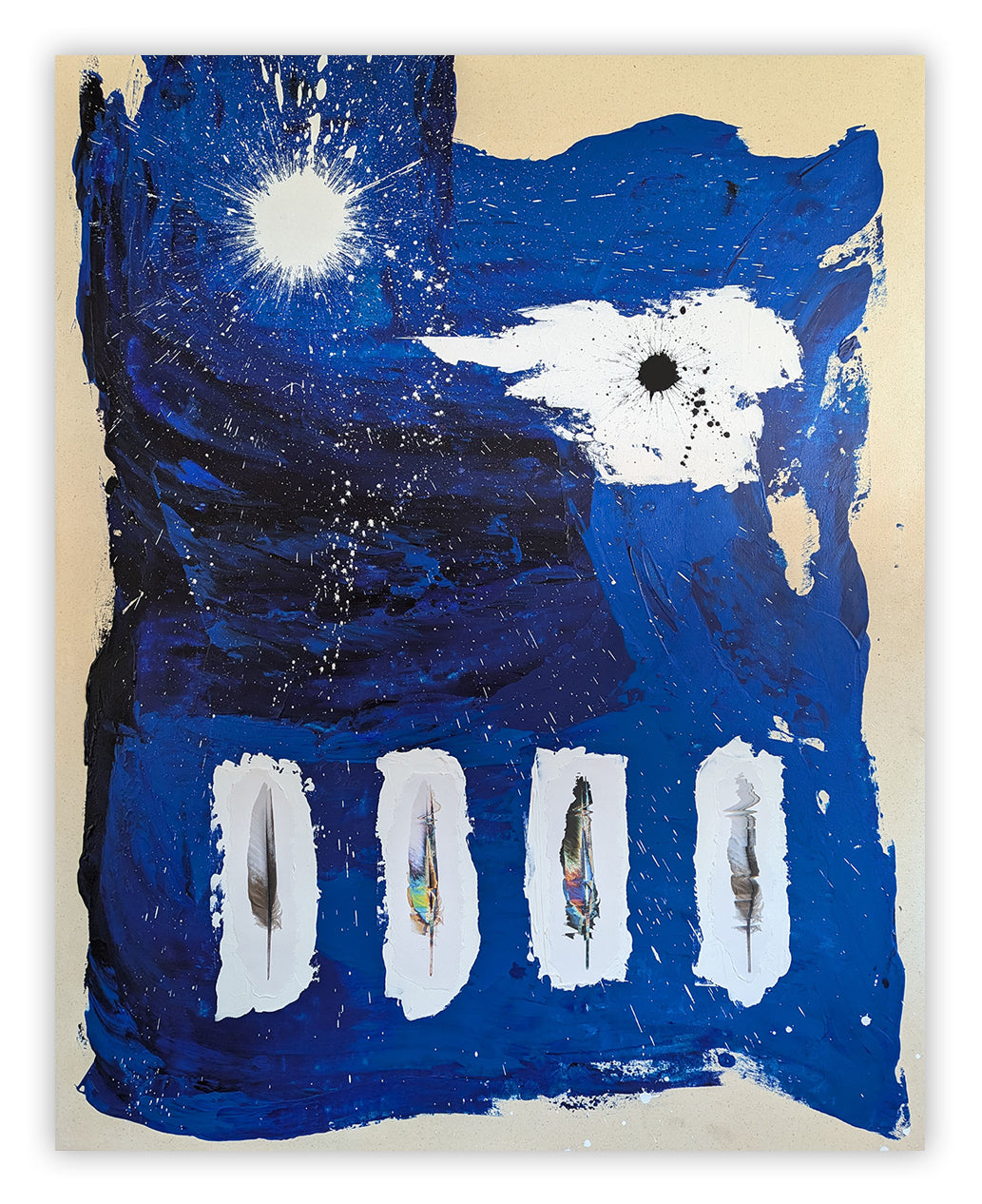 A blue and white painting on a beige background.