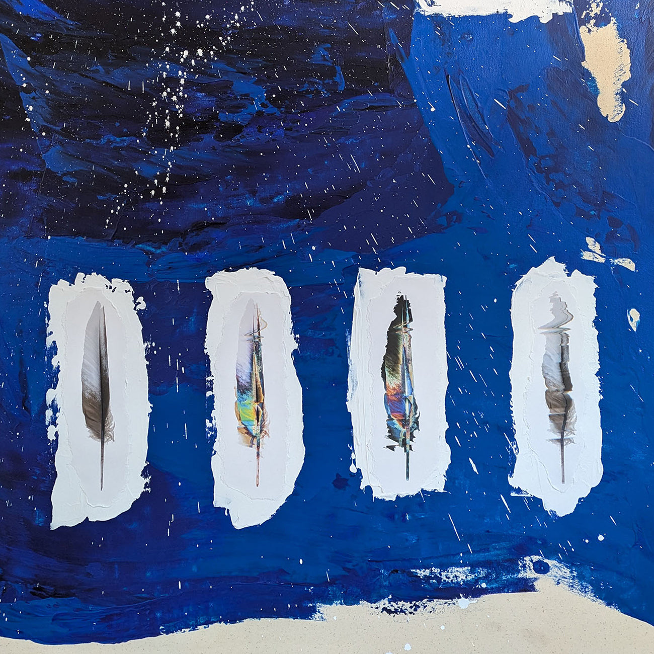 A blue and white painting on a beige background.