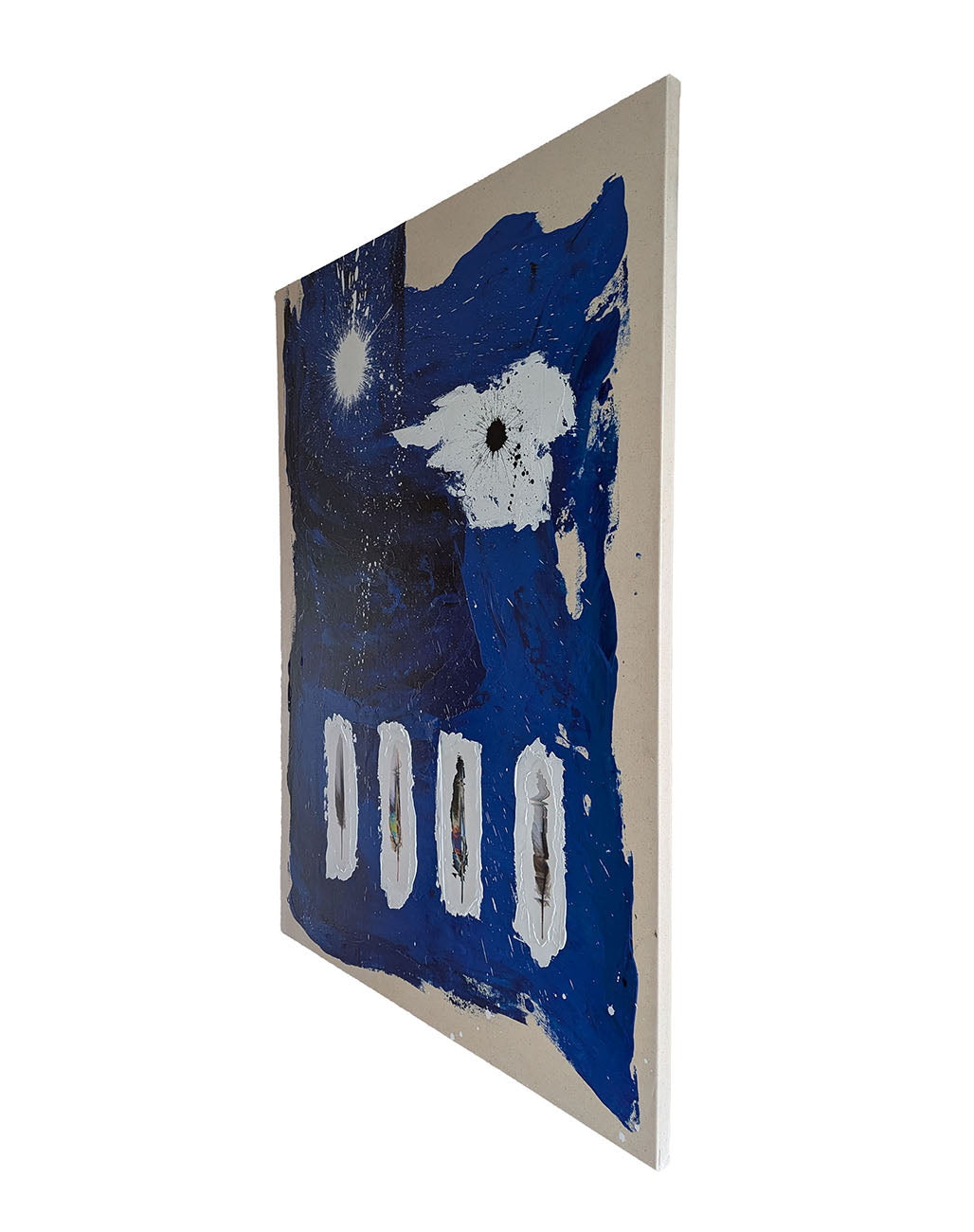 A blue and white painting on a beige background.