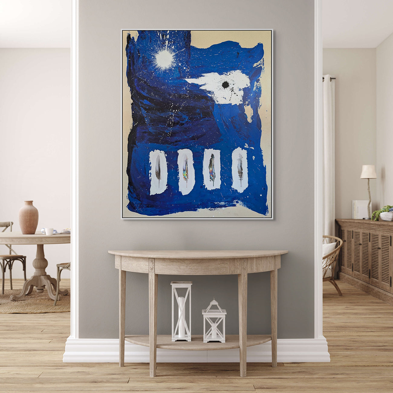 A blue and white painting on a beige background.