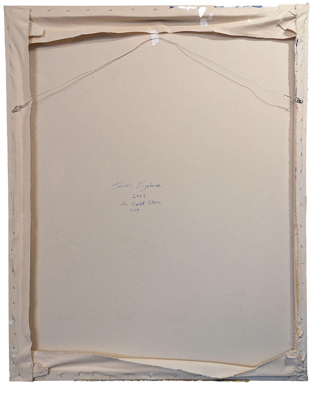 A blue and white painting on a beige background.