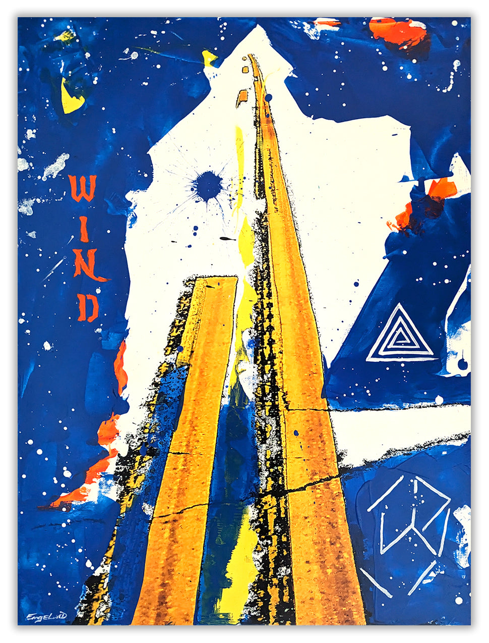 A painting of a road with the word wind written on it.