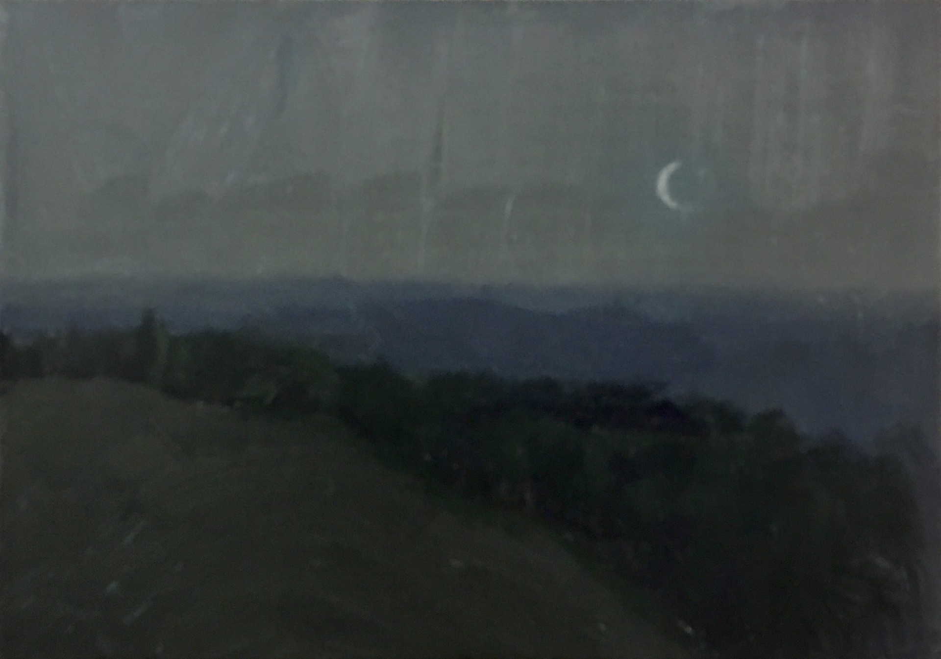 A painting of a crescent moon in the sky over a mountain range.