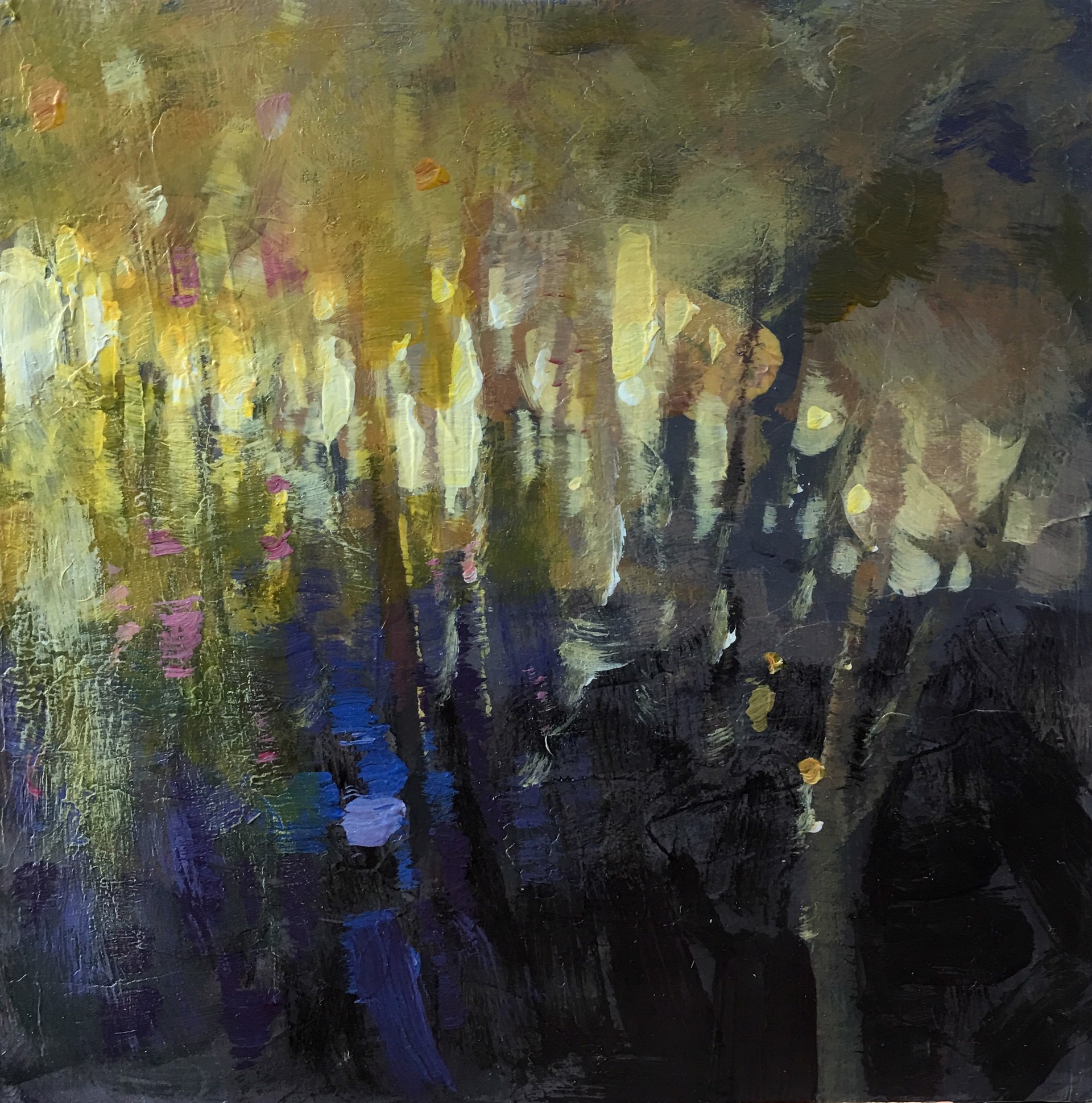 A painting of trees in a forest at night. 
