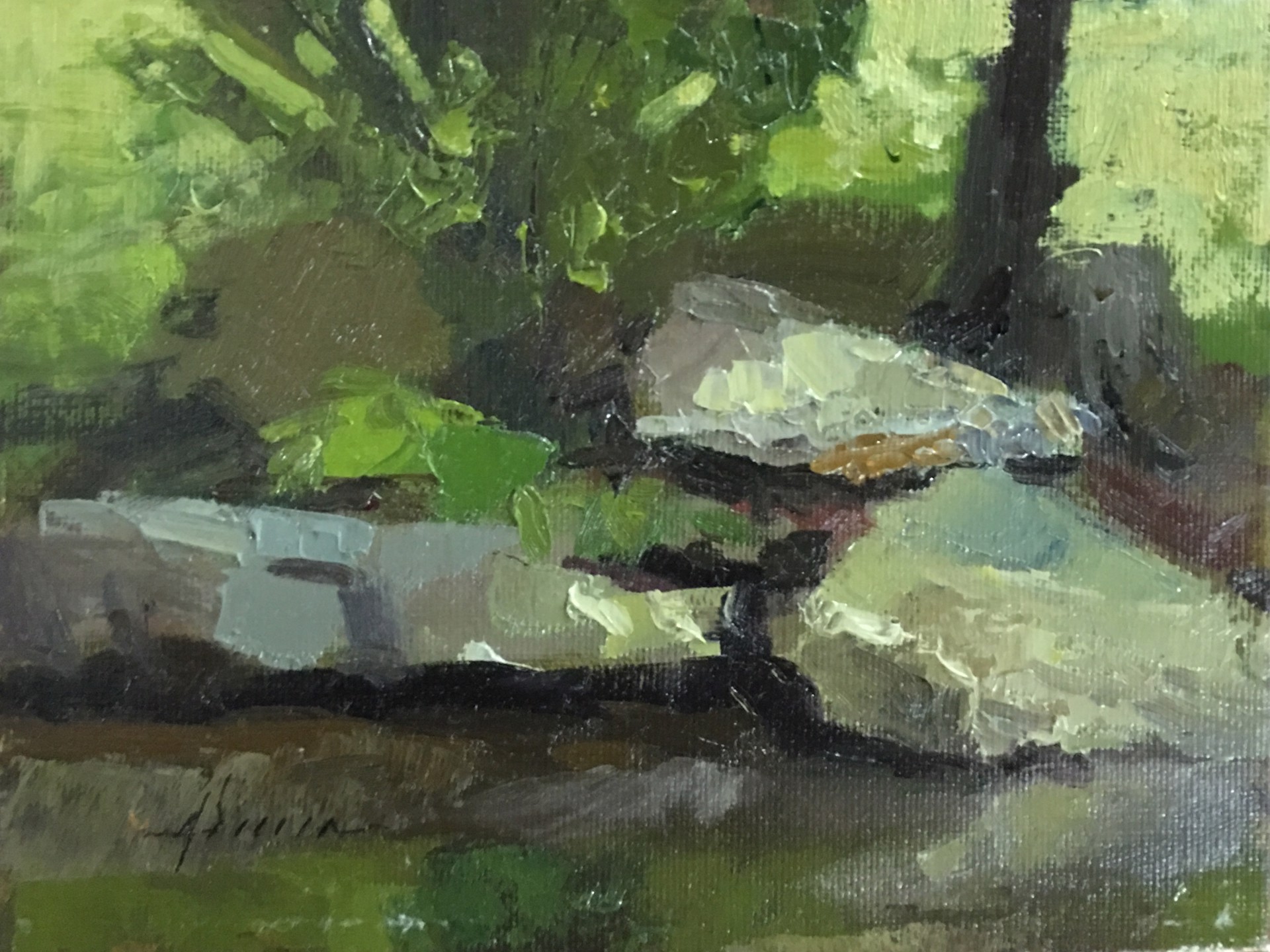 A painting of a turtle sitting on a rock in the woods.