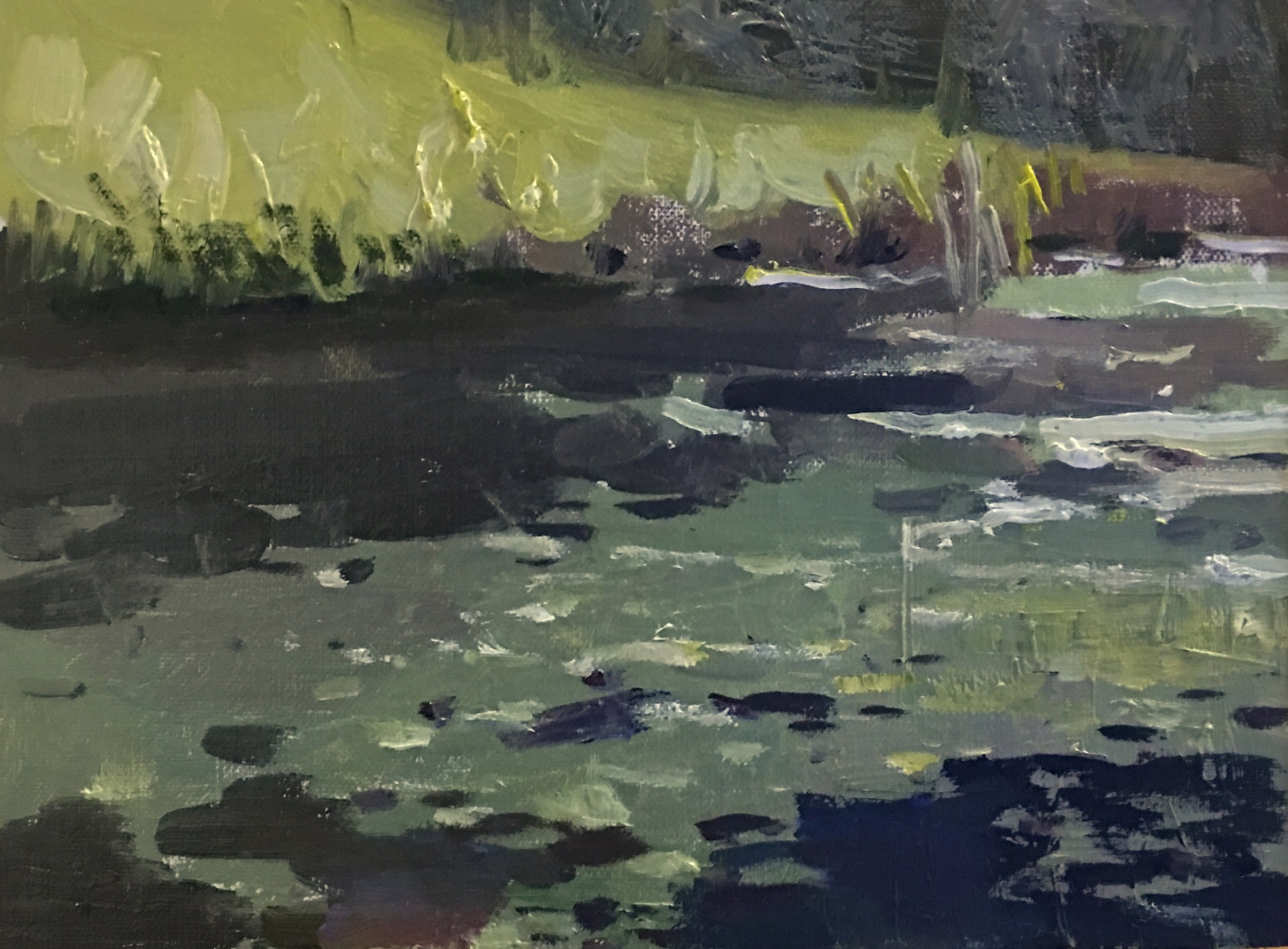 A moody landscape painting of a dark river reflecting a grassy bank.
