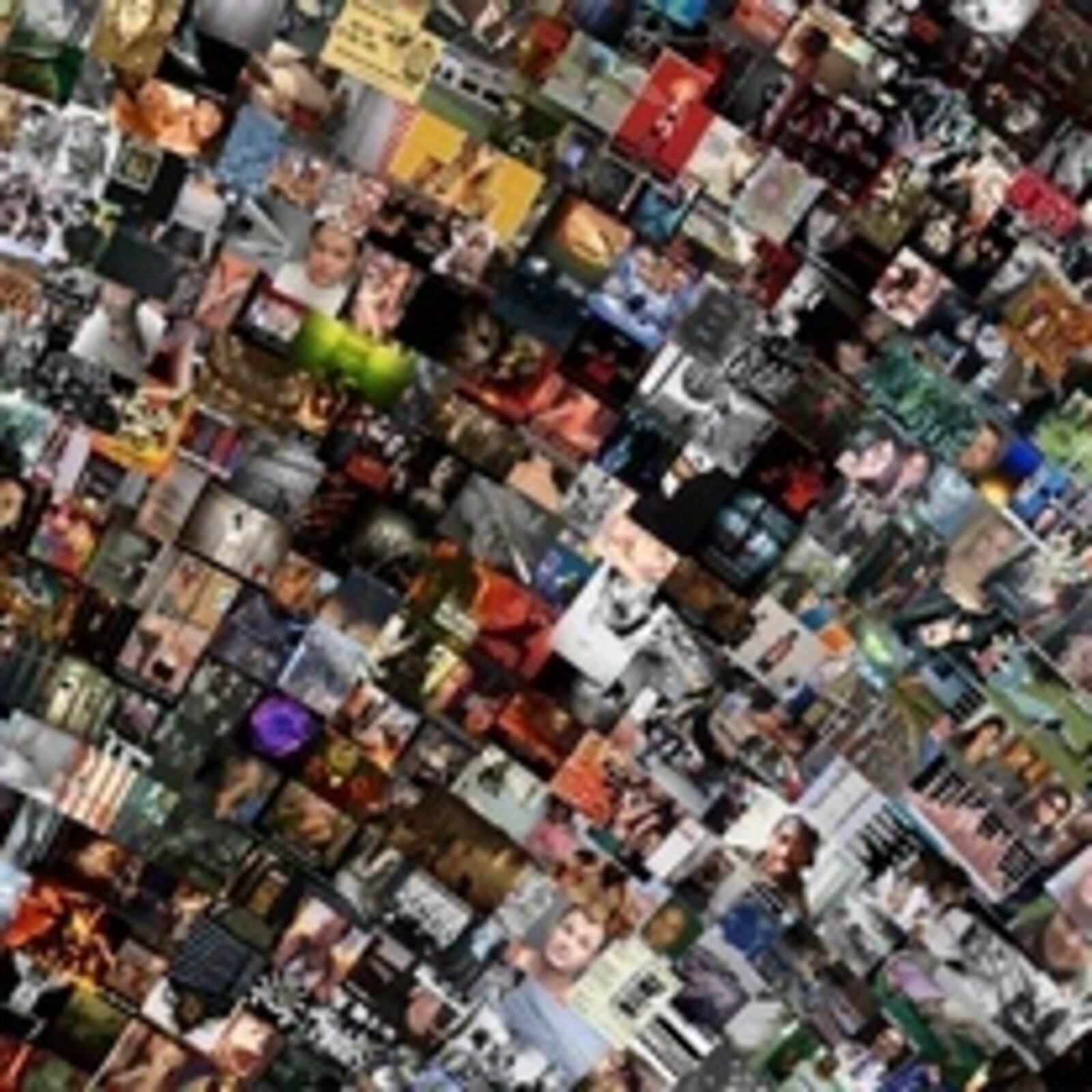 A gallery installation featuring two large framed collages of tiny images flanked by small digital displays.